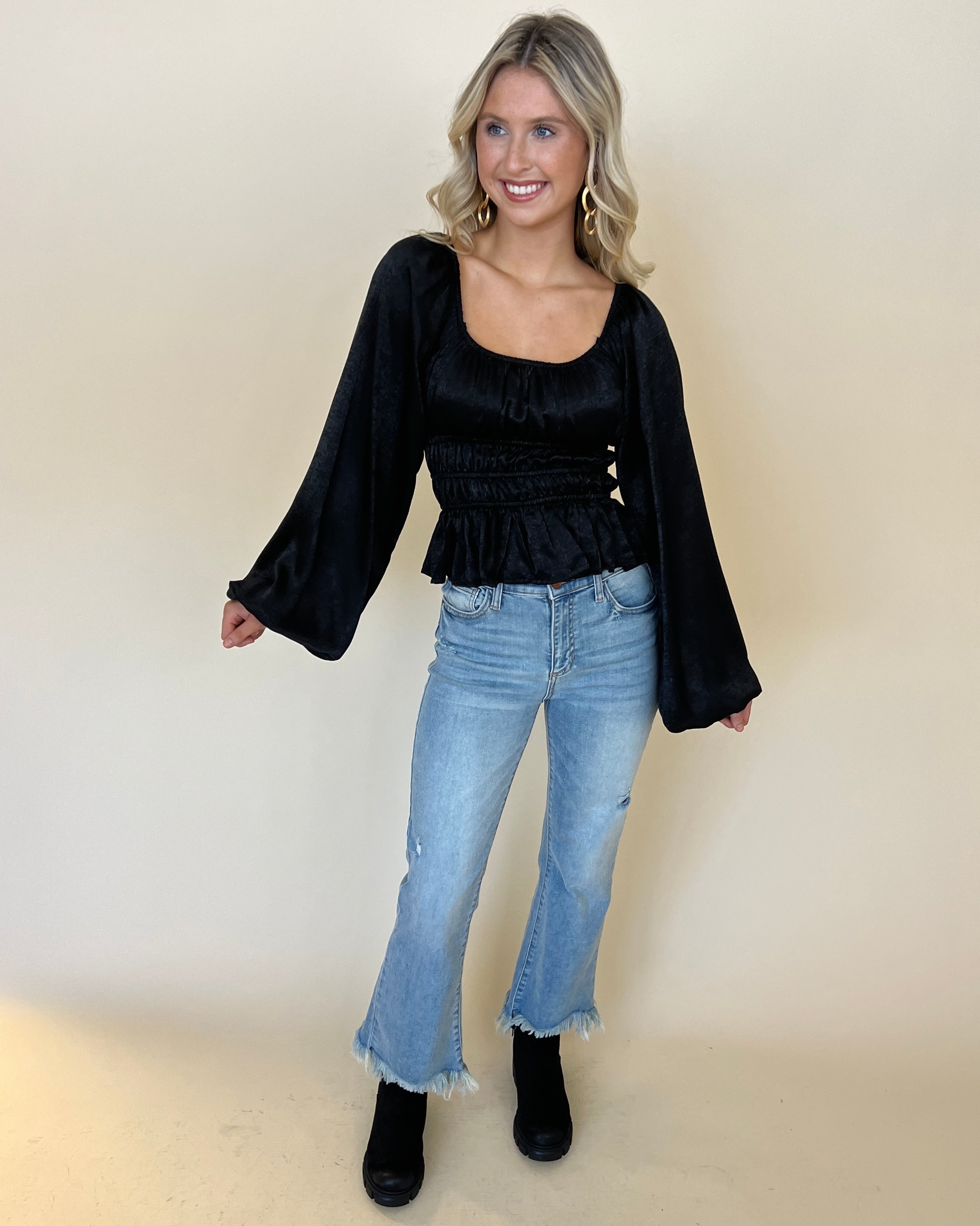 Perfect For You Black Smocked Satin Crop Top-Shop-Womens-Boutique-Clothing