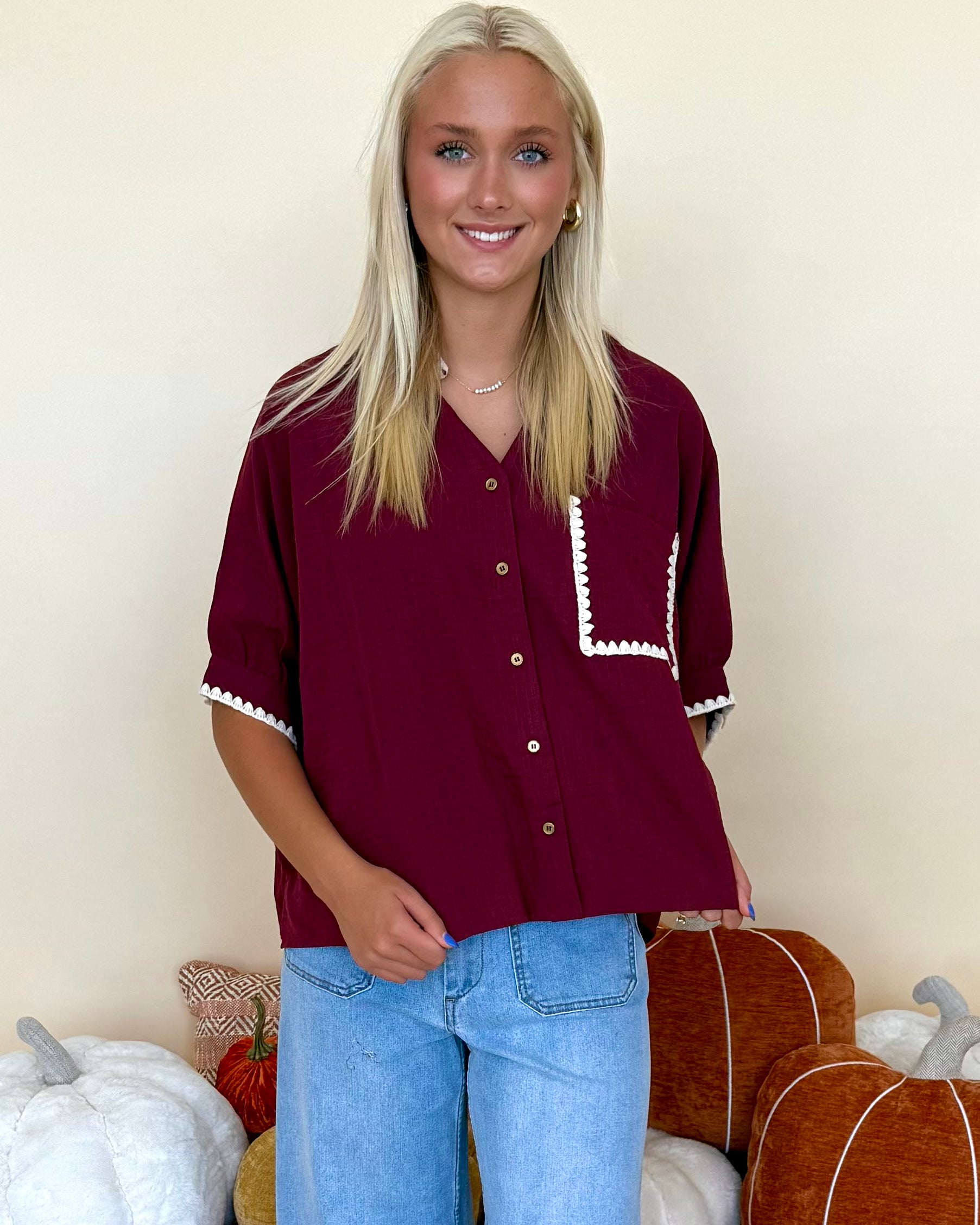 Coll Contrast Burgundy Embroidered Stitch Top-Shop-Womens-Boutique-Clothing