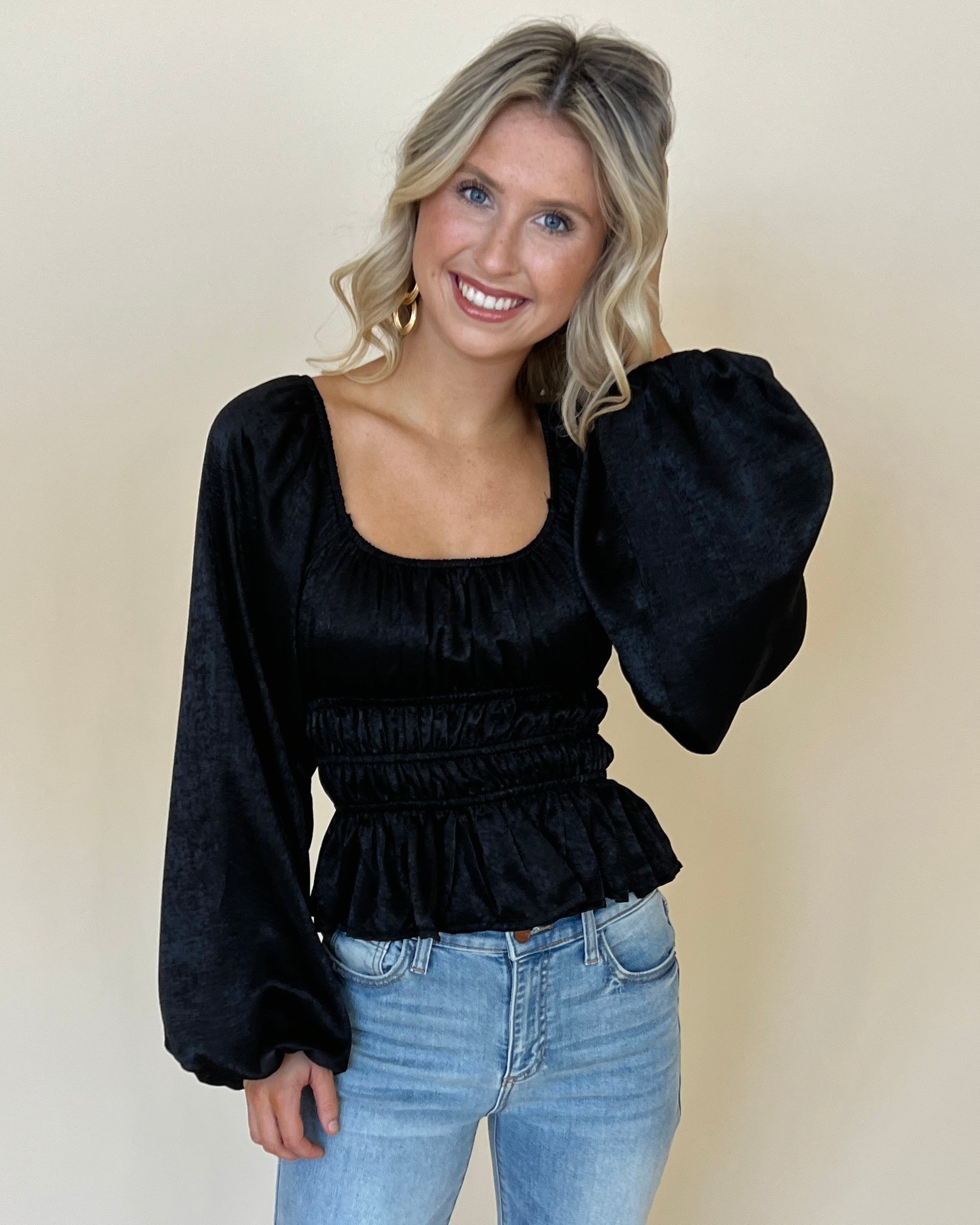 Perfect For You Black Smocked Satin Crop Top-Shop-Womens-Boutique-Clothing
