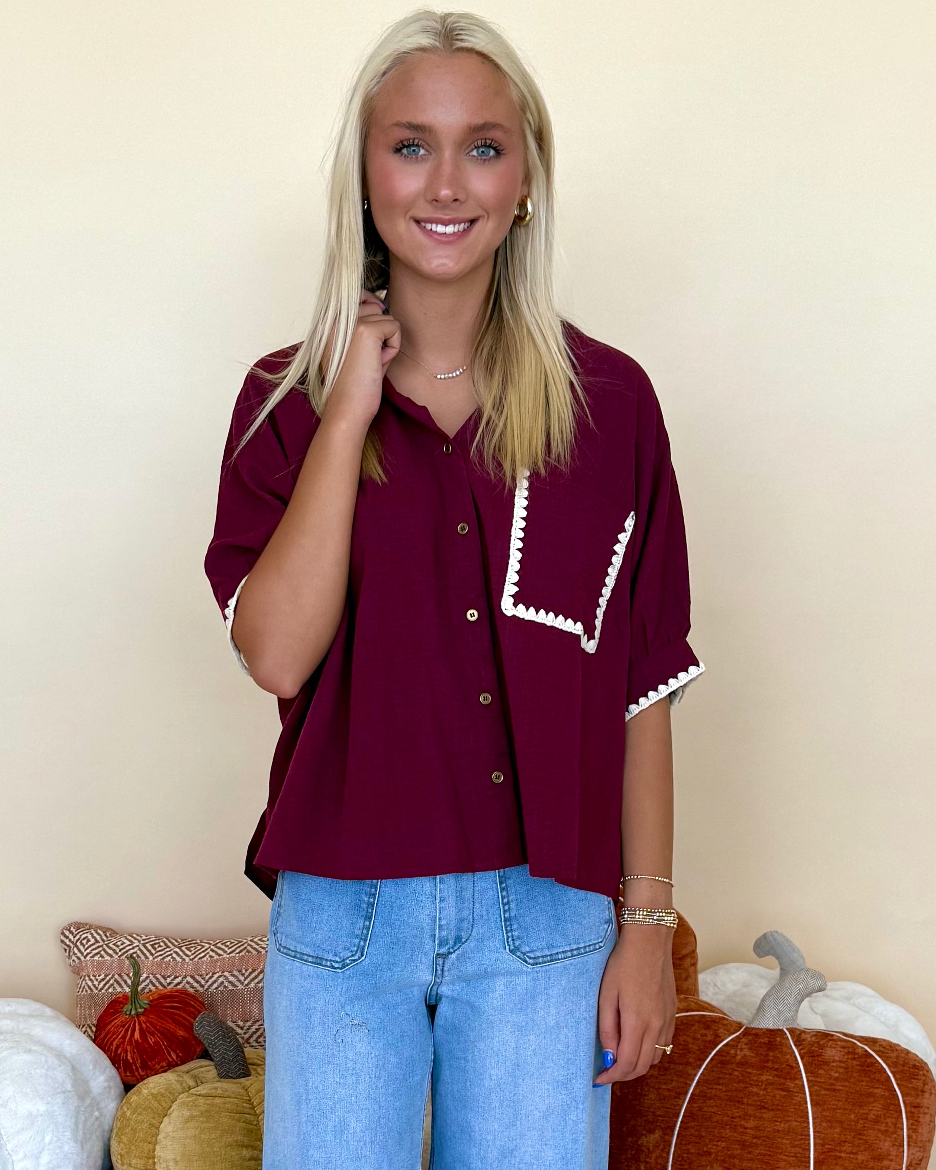 Coll Contrast Burgundy Embroidered Stitch Top-Shop-Womens-Boutique-Clothing