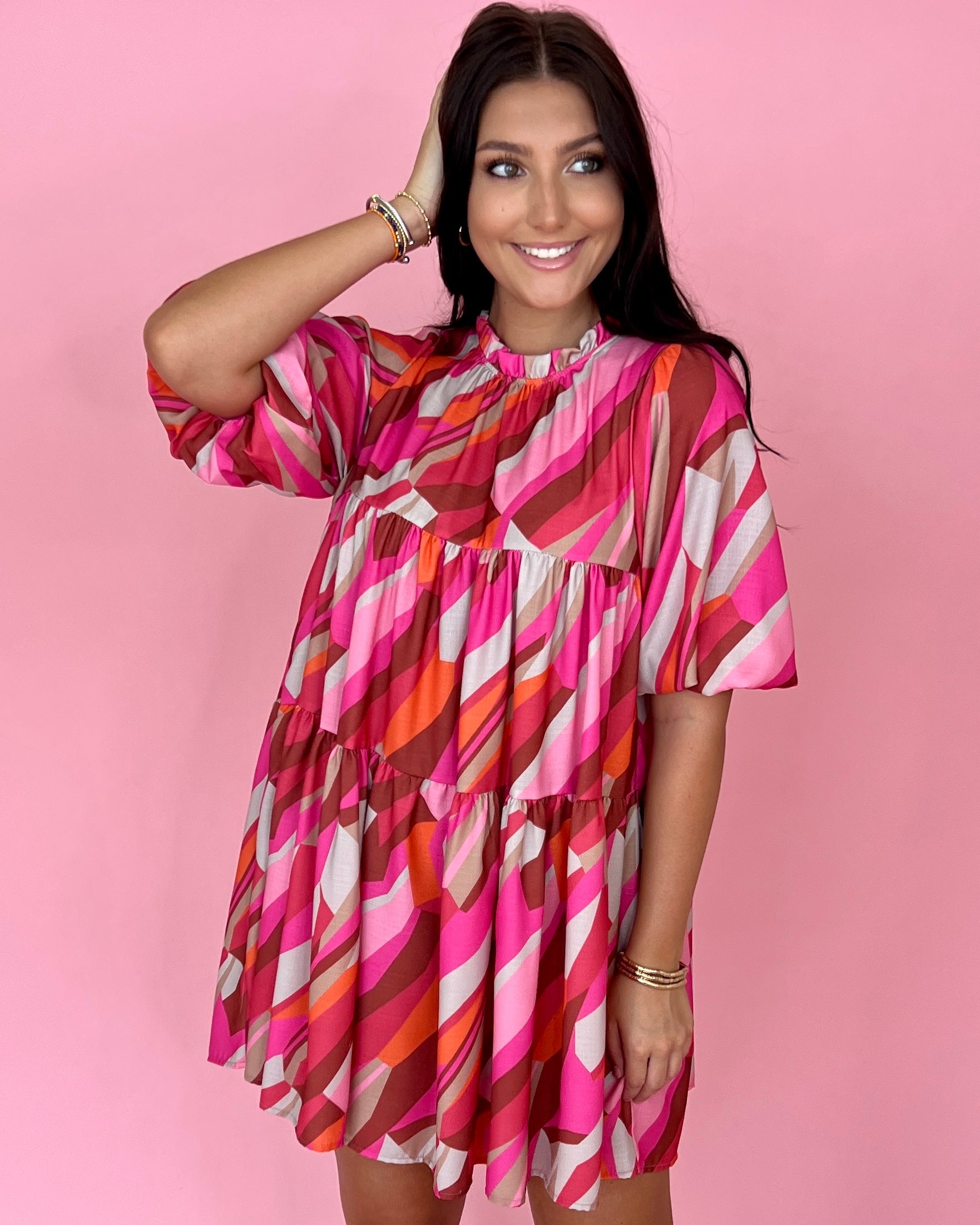 Just A Moment Fuchsia/Orange Geo Print Ruffle Dress-Shop-Womens-Boutique-Clothing