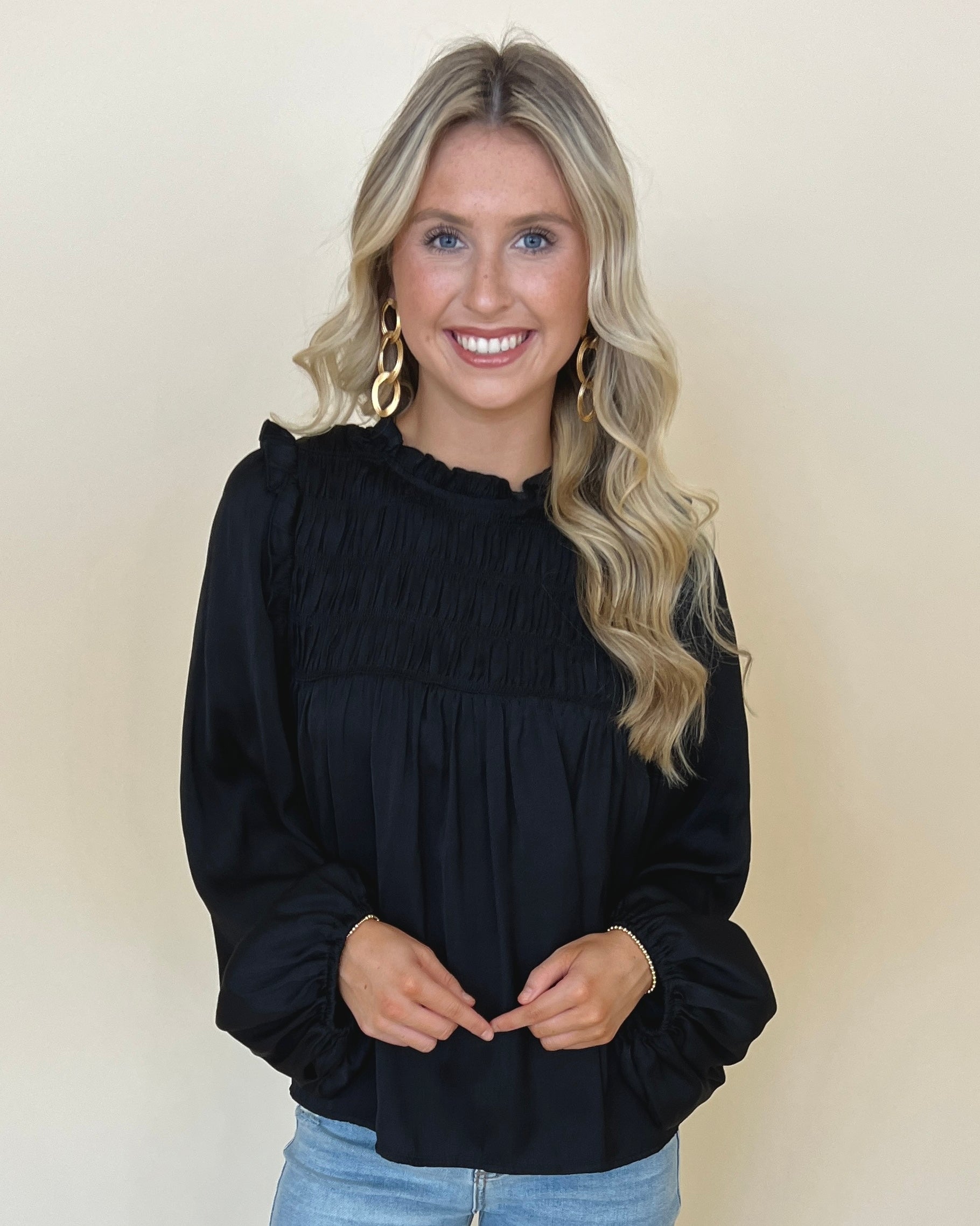 Take Me Back Black Satin Smocked Top-Shop-Womens-Boutique-Clothing