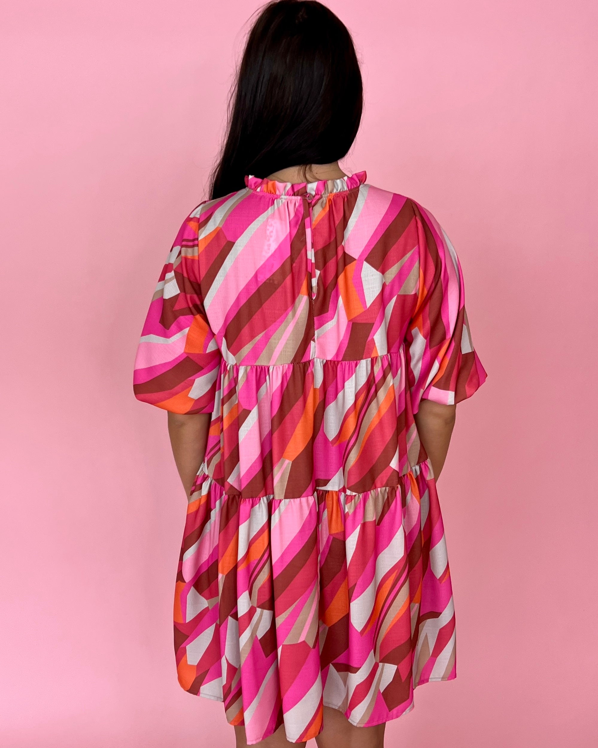 Just A Moment Fuchsia/Orange Geo Print Ruffle Dress-Shop-Womens-Boutique-Clothing