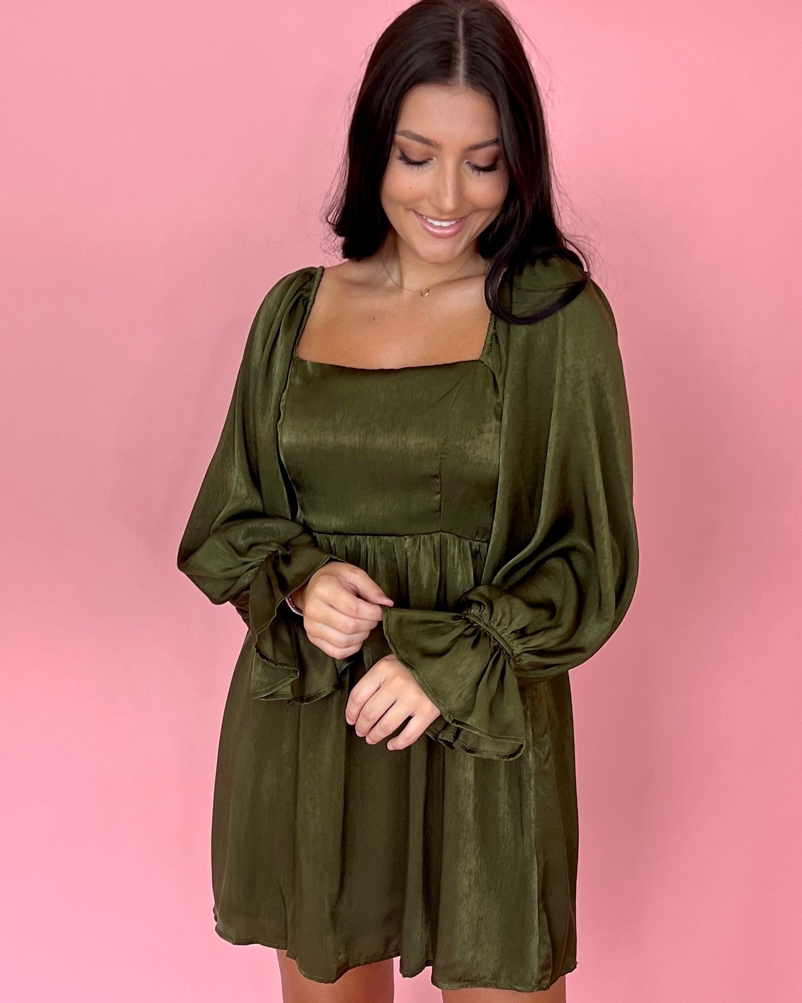Always Be Near Olive Satin Dress-Shop-Womens-Boutique-Clothing