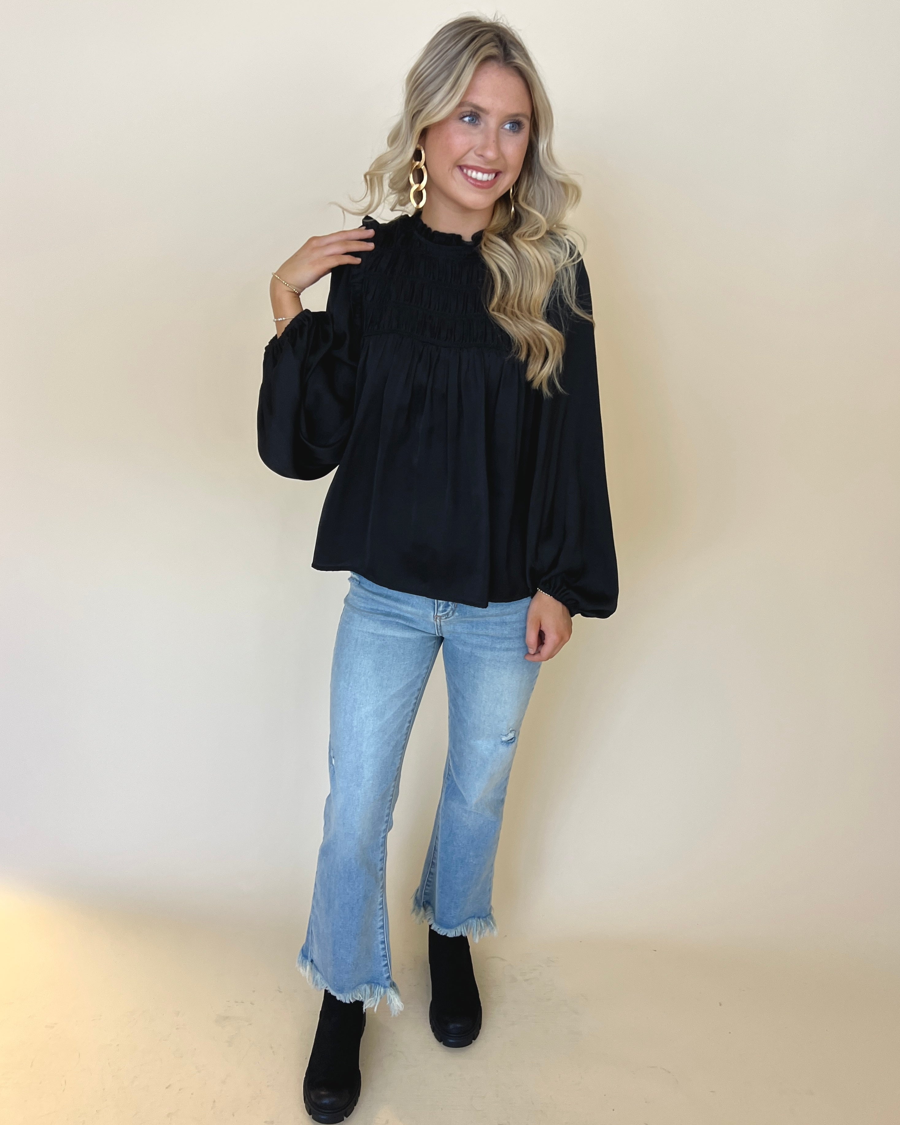 Take Me Back Black Satin Smocked Top-Shop-Womens-Boutique-Clothing