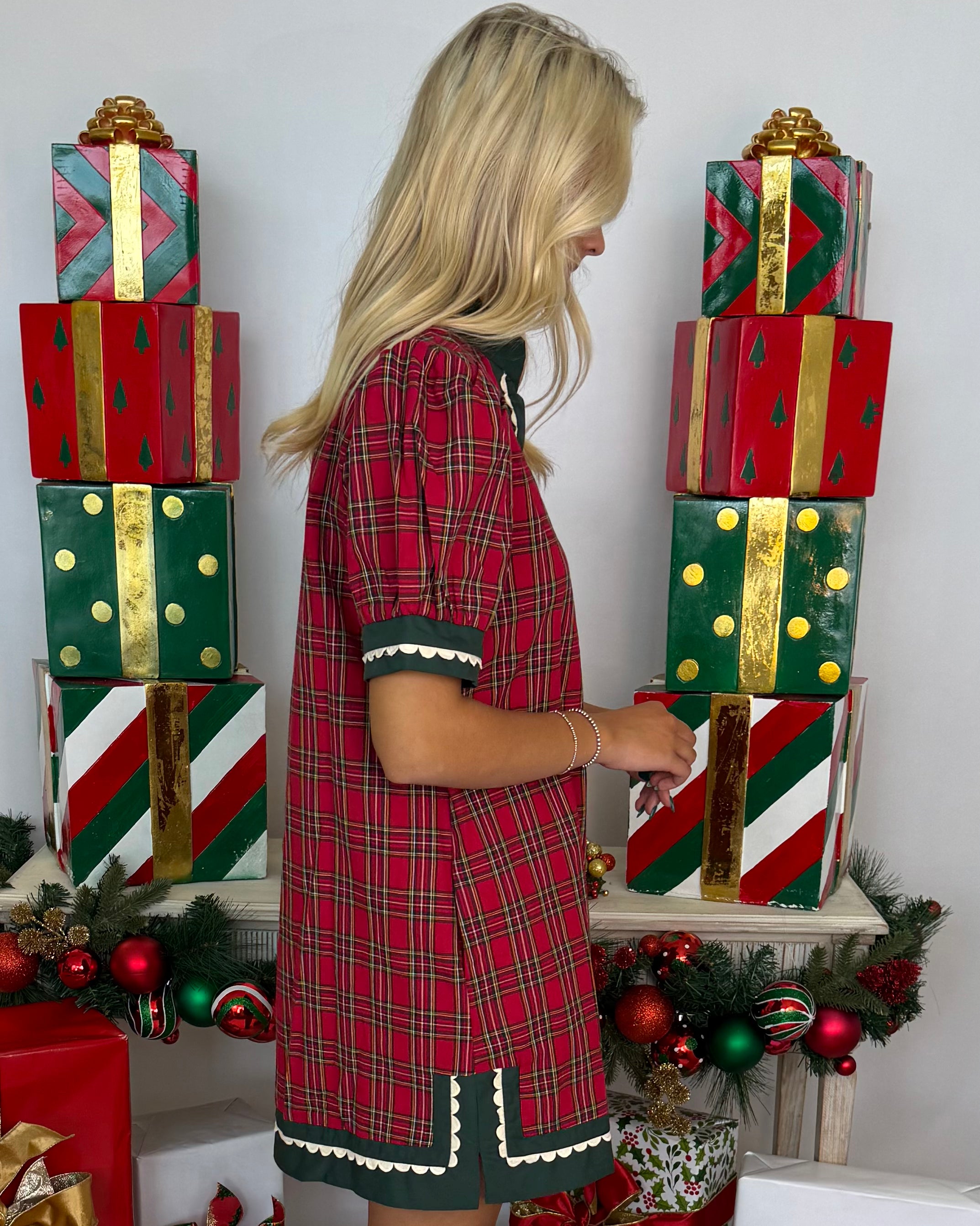 All Wrapped Up Red Plaid Scalloped Dress-Shop-Womens-Boutique-Clothing
