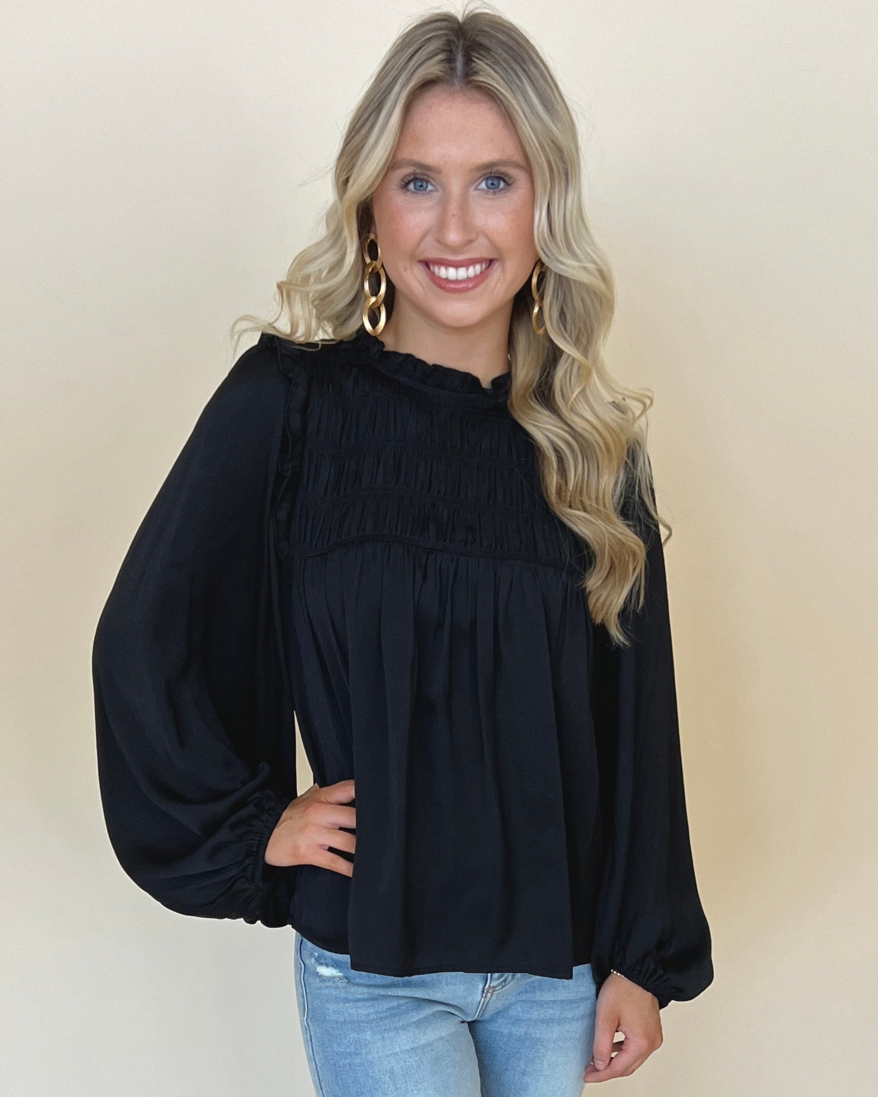 Take Me Back Black Satin Smocked Top-Shop-Womens-Boutique-Clothing