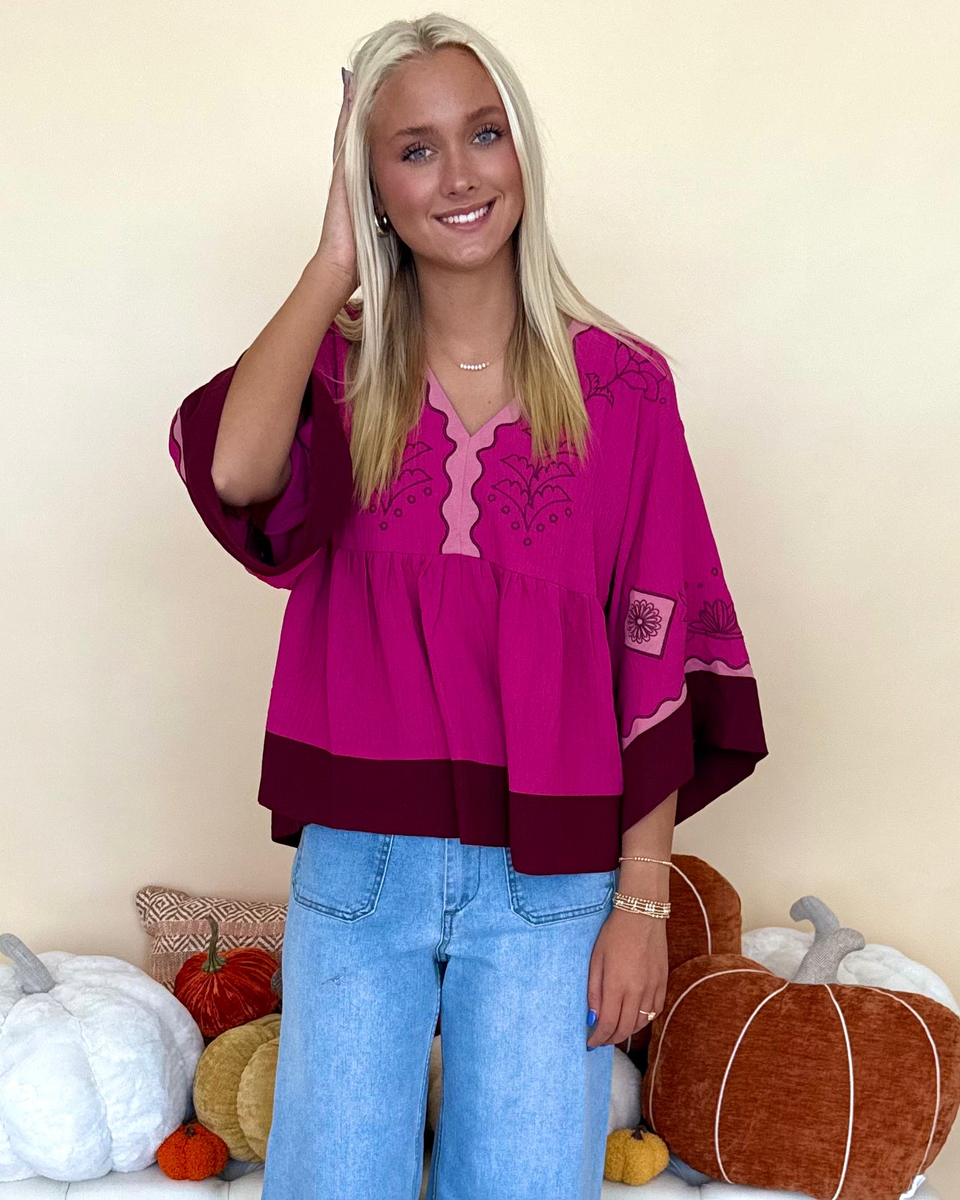 Staying Hopeful Fuchsia Embroidered Contrast Top-Shop-Womens-Boutique-Clothing