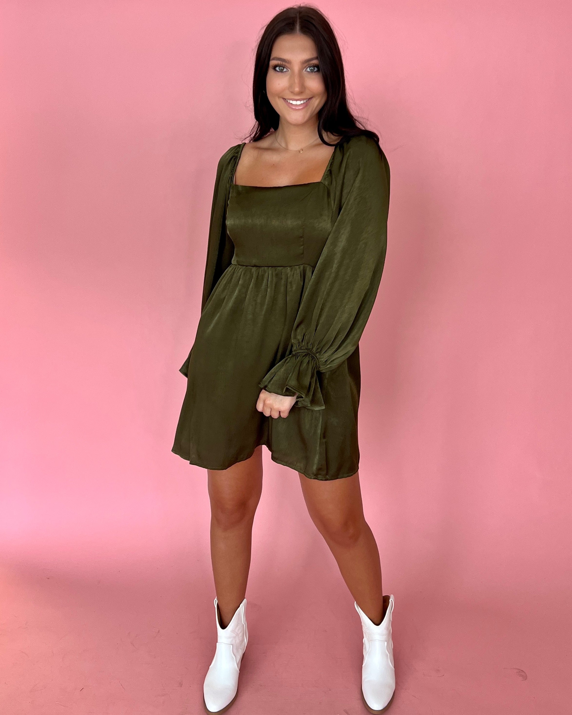 Always Be Near Olive Satin Dress-Shop-Womens-Boutique-Clothing