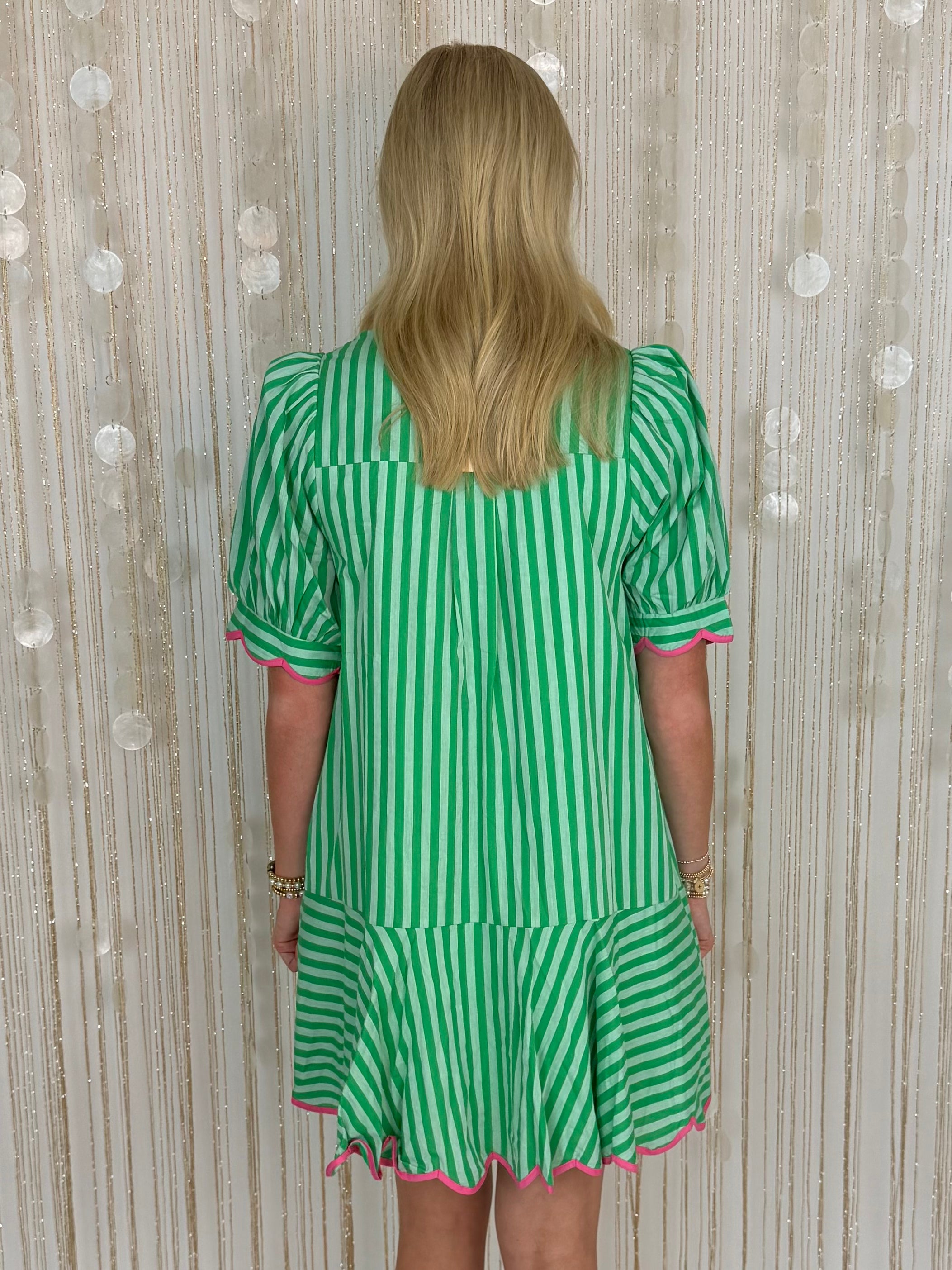 On the Daily Green Striped Puff Sleeve Dress-Shop-Womens-Boutique-Clothing