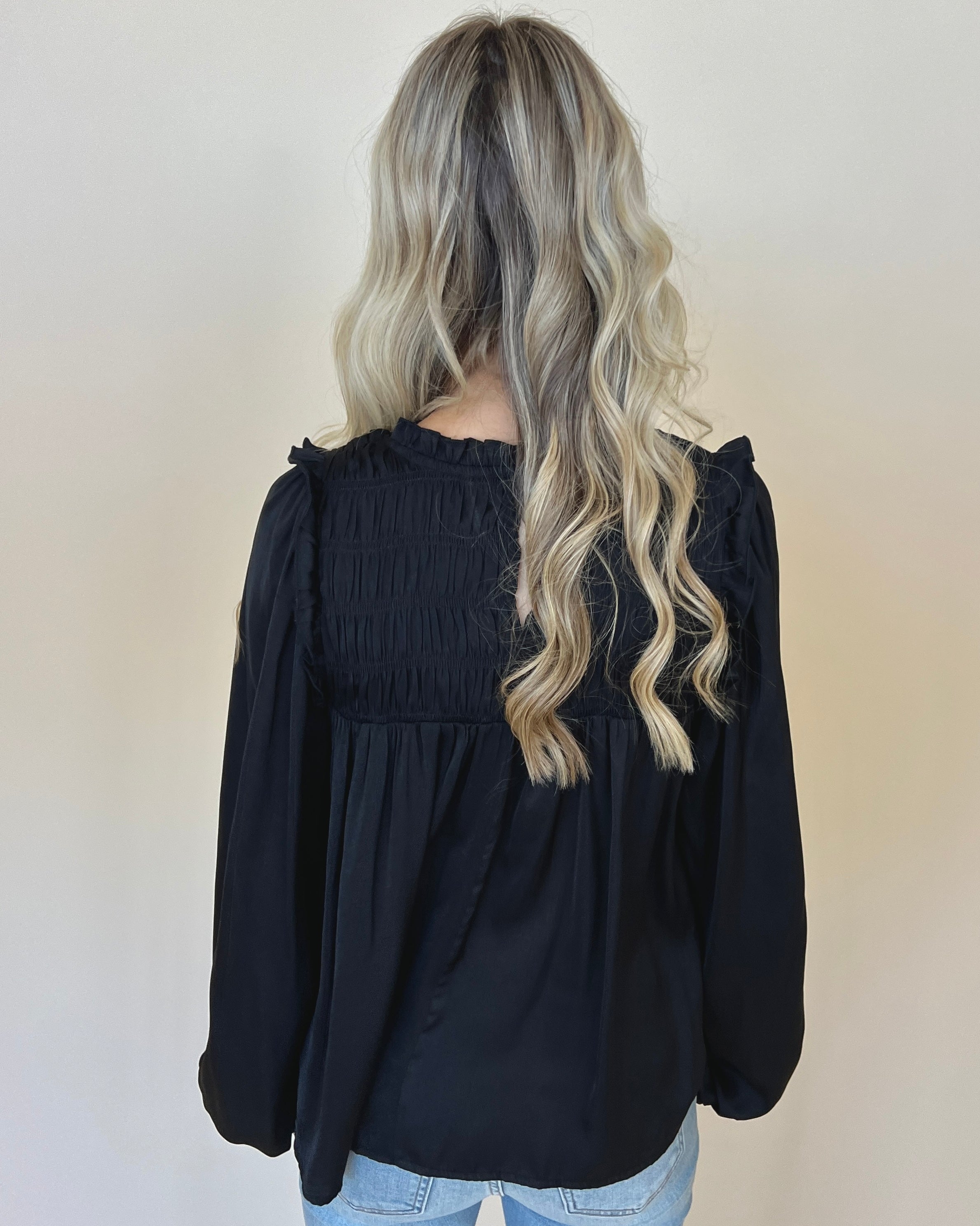 Take Me Back Black Satin Smocked Top-Shop-Womens-Boutique-Clothing