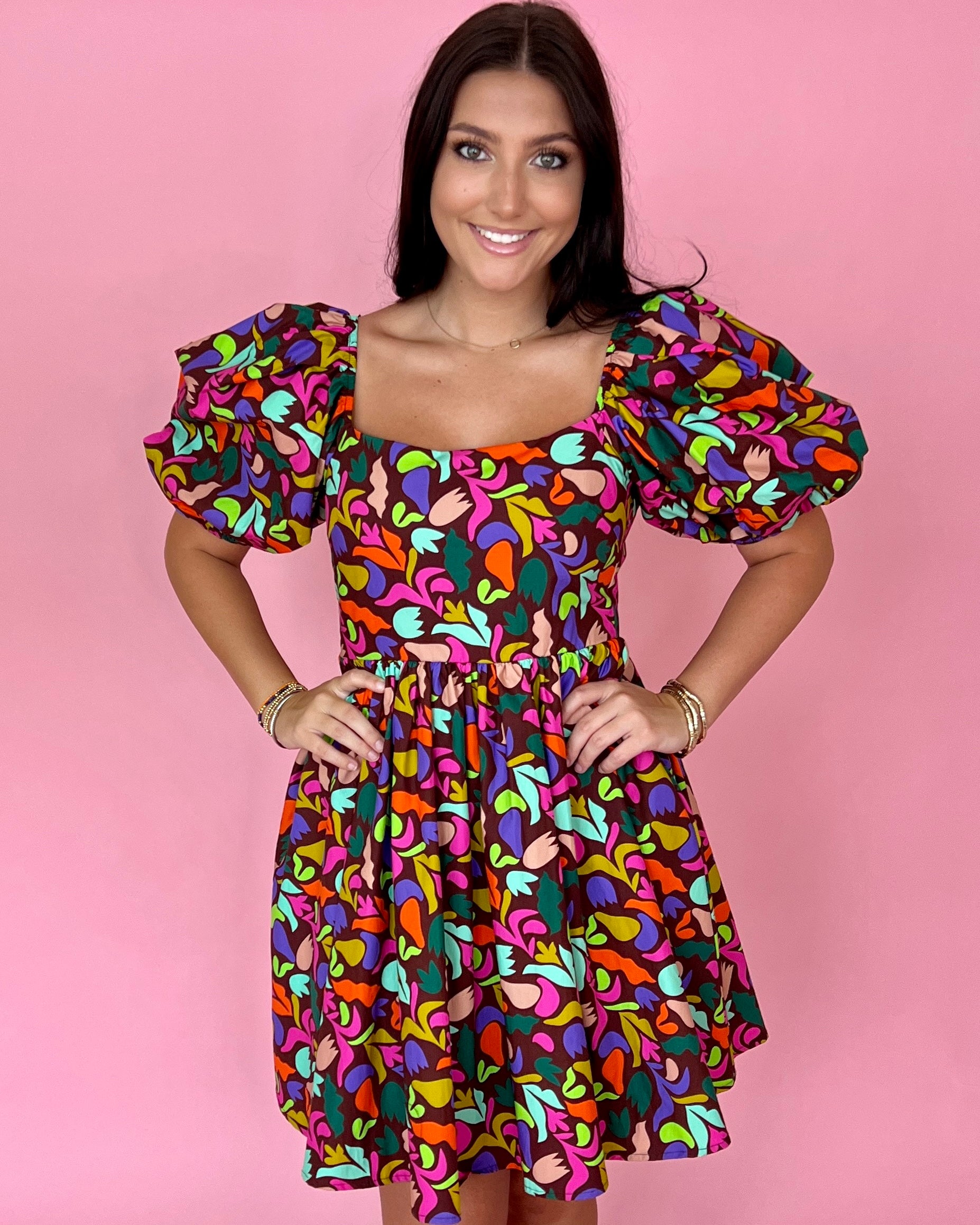 Forgive and Forget Brown Printed Puff Sleeve Dress-Shop-Womens-Boutique-Clothing