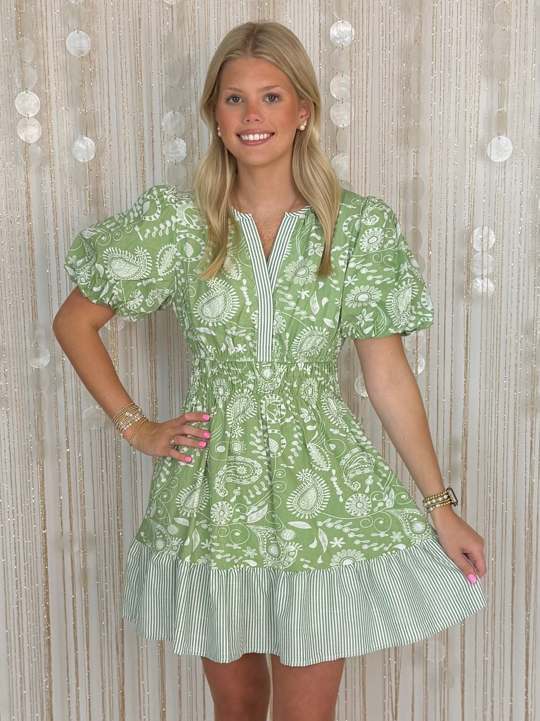 Soft Horizon Green Paisley Smocked Dress-Shop-Womens-Boutique-Clothing