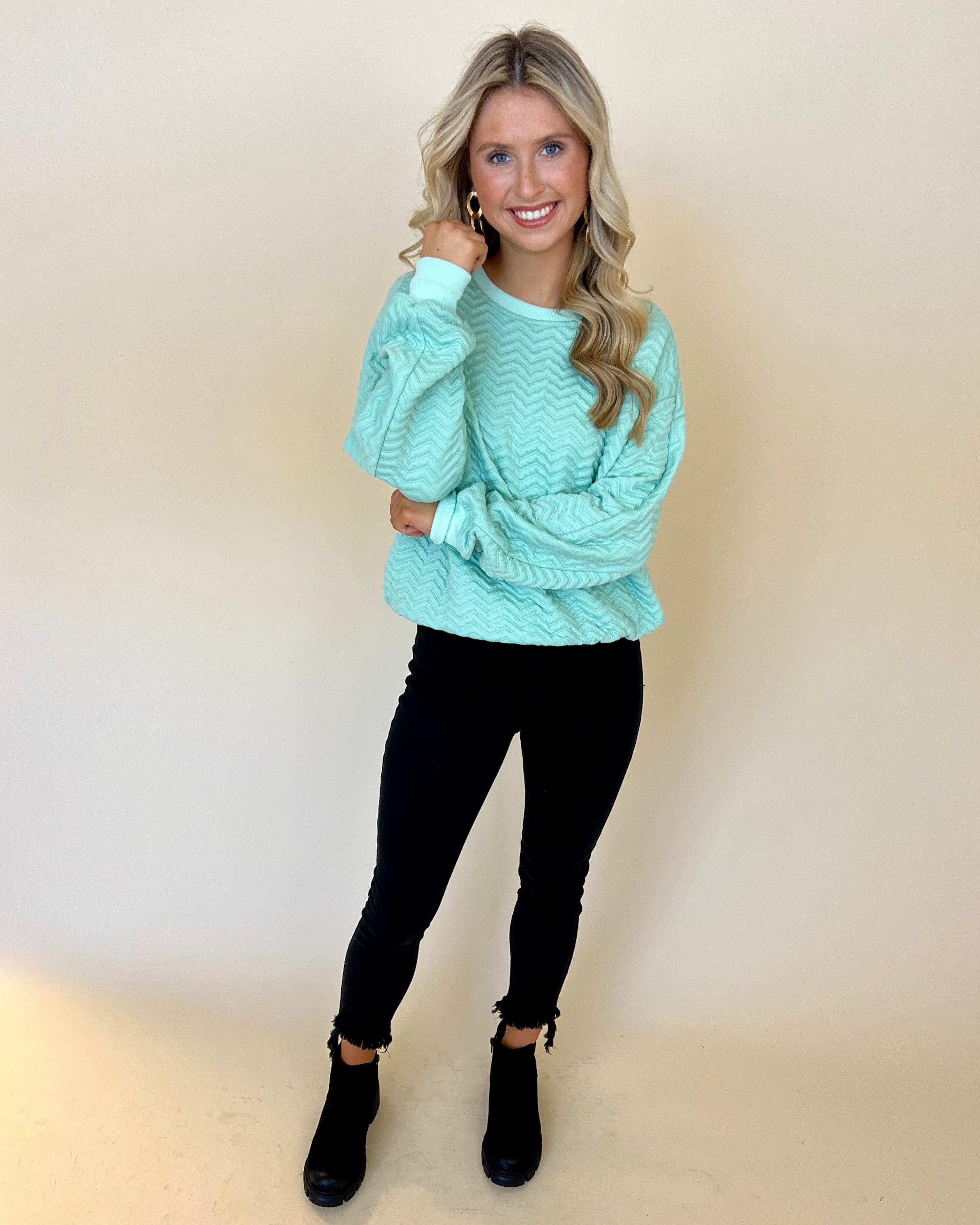 Easily Impressed Mint Blue Chevron Textured Top-Shop-Womens-Boutique-Clothing