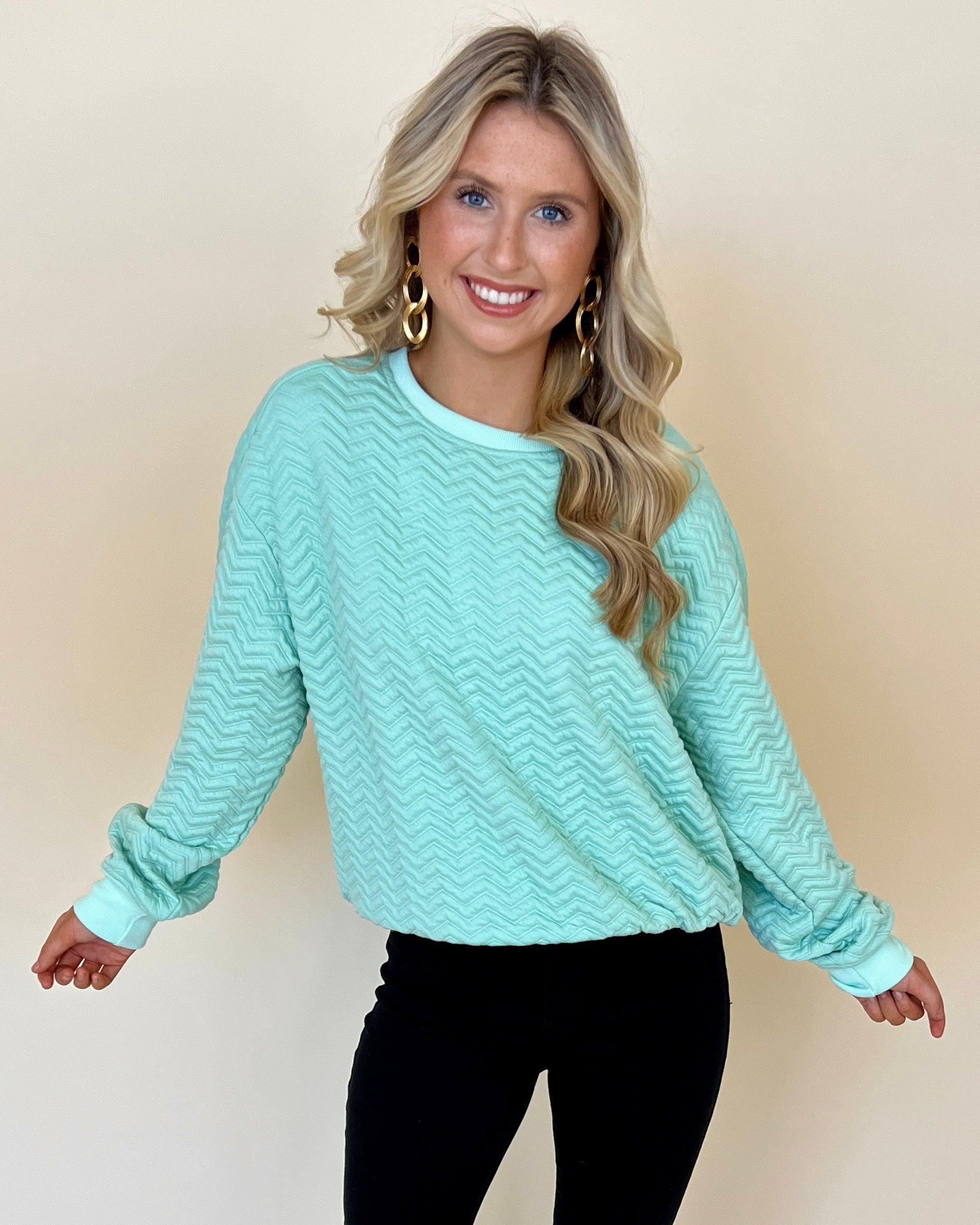 Easily Impressed Mint Blue Chevron Textured Top-Shop-Womens-Boutique-Clothing