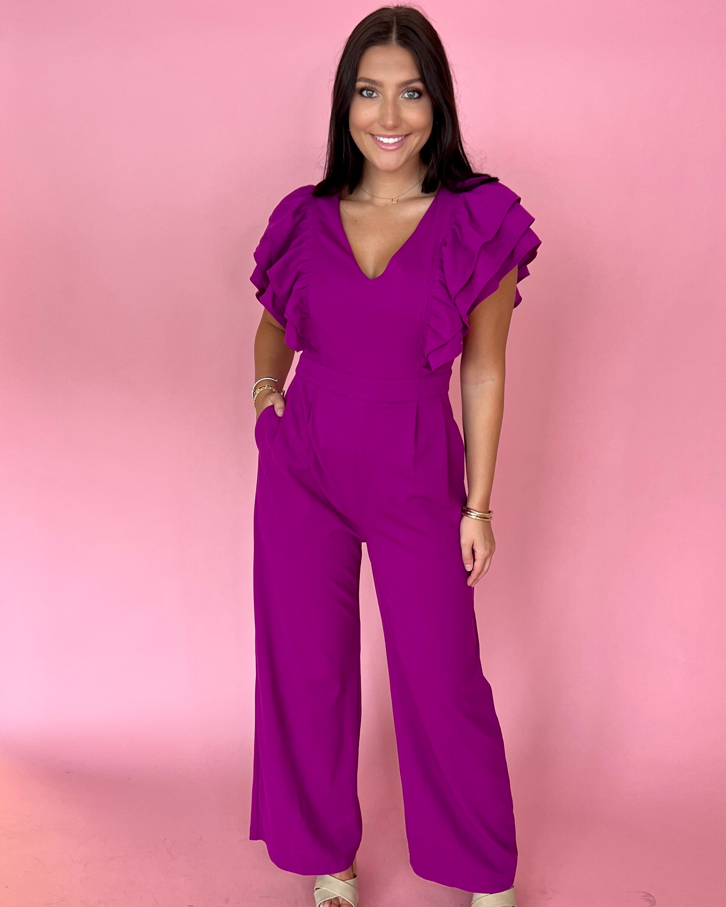 It's All You Violet V-neck Ruffle Sleeve Jumpsuit-Shop-Womens-Boutique-Clothing