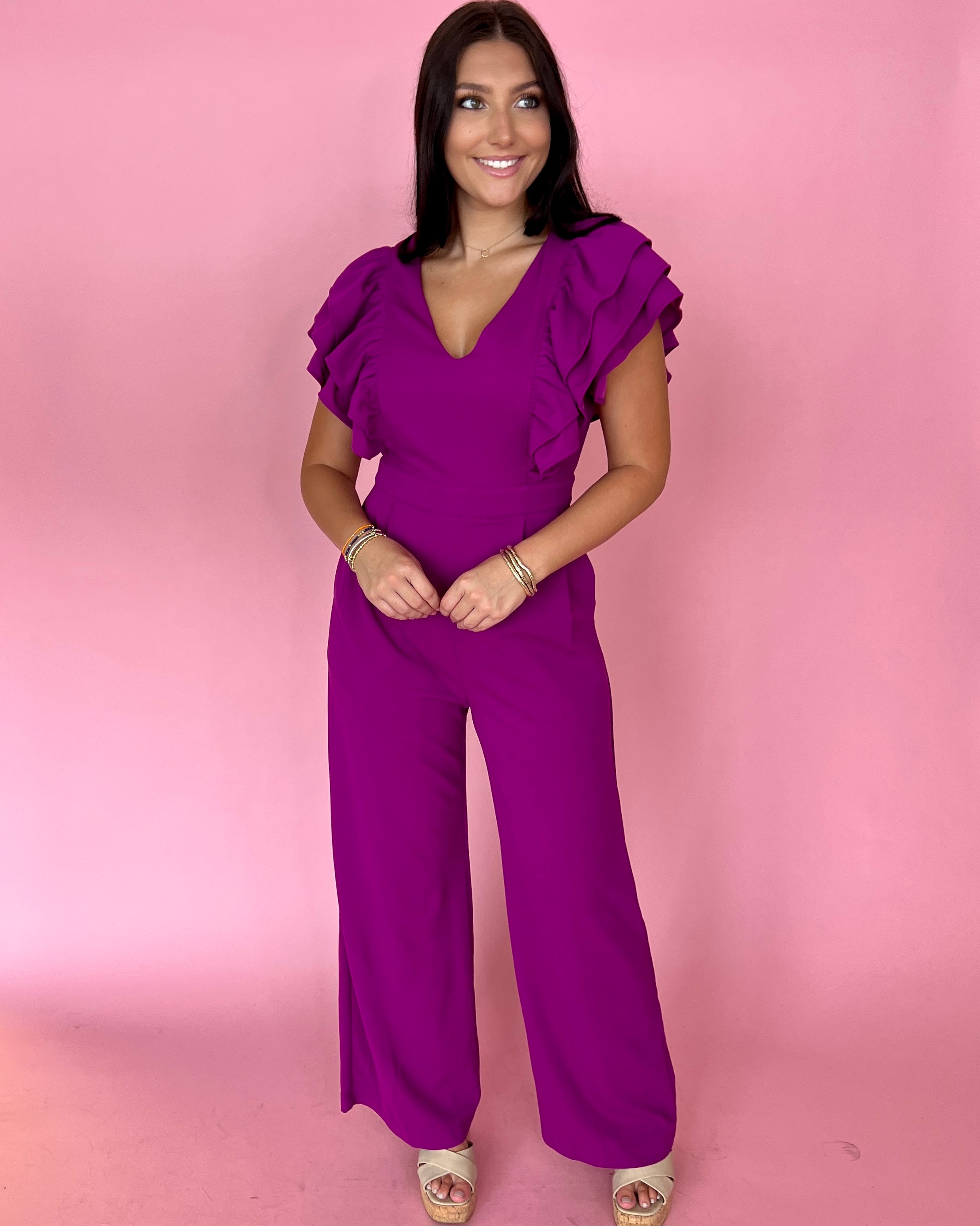 It's All You Violet V-neck Ruffle Sleeve Jumpsuit-Shop-Womens-Boutique-Clothing