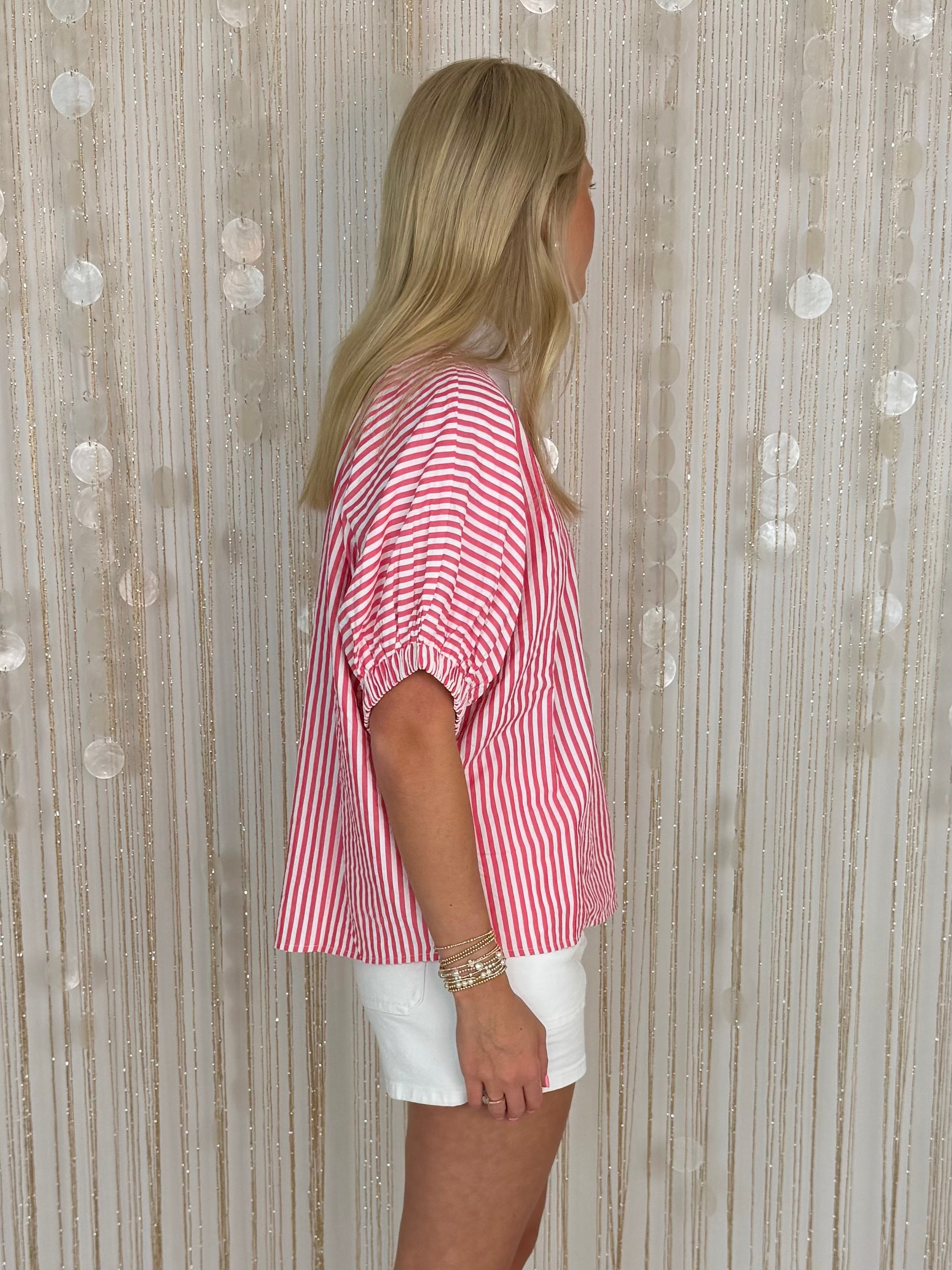 Event Ready Pink Striped Split Neck Top-Shop-Womens-Boutique-Clothing