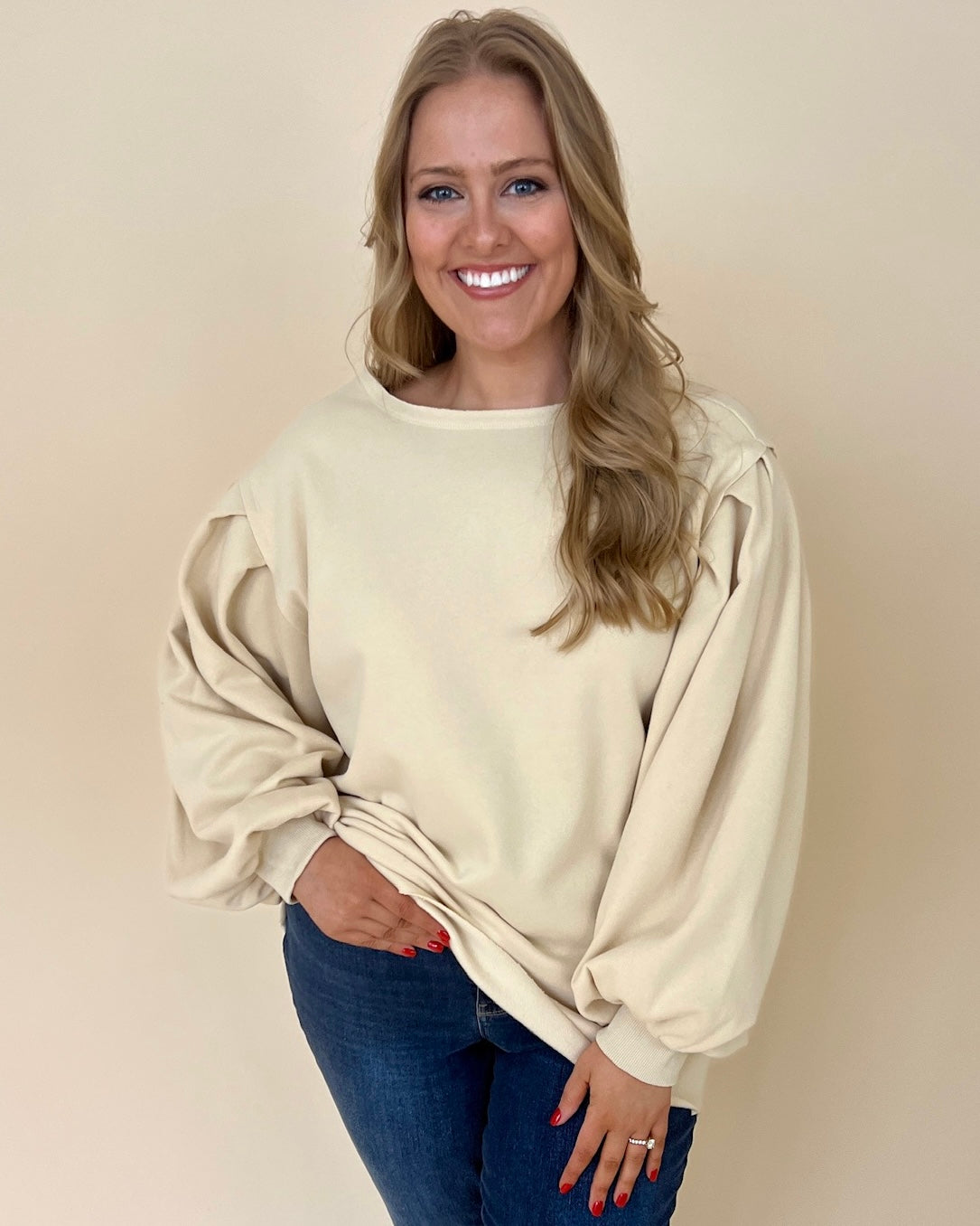 Coziest Place Sand Plus Bubble Sleeve Sweatshirt-Shop-Womens-Boutique-Clothing