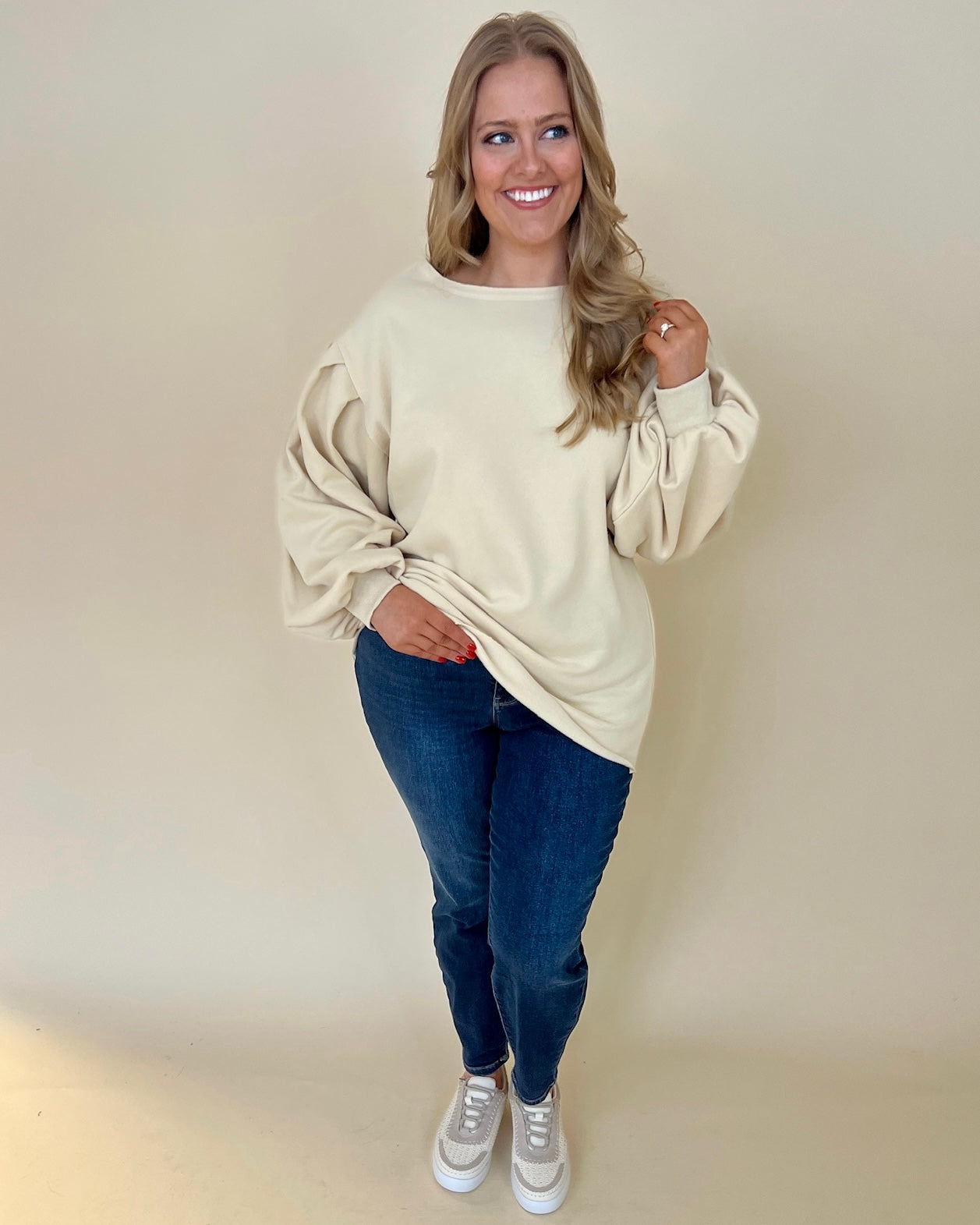 Coziest Place Sand Plus Bubble Sleeve Sweatshirt-Shop-Womens-Boutique-Clothing