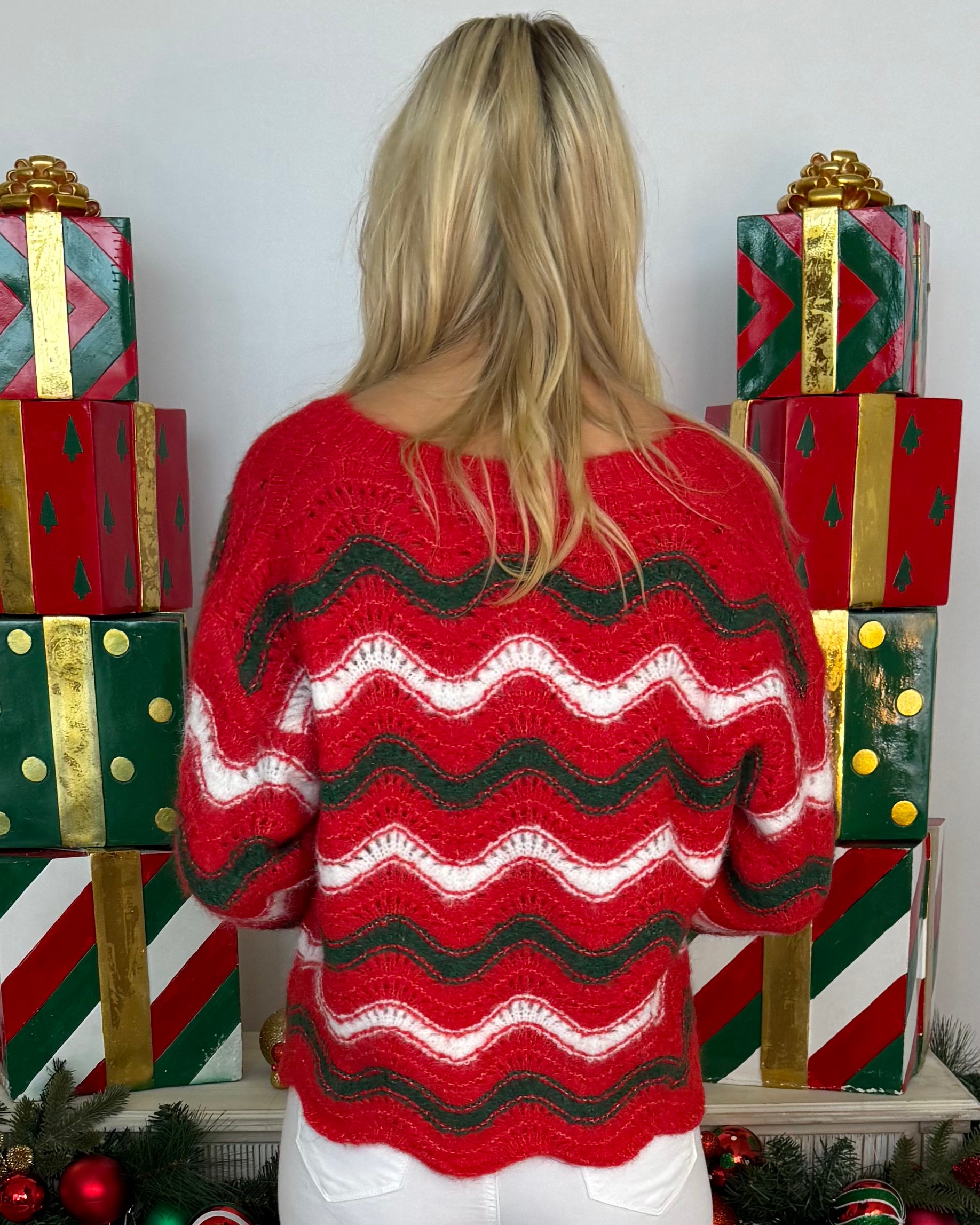 Good Tidings Red/Green Multi Wavy Stripe Sweater-Shop-Womens-Boutique-Clothing