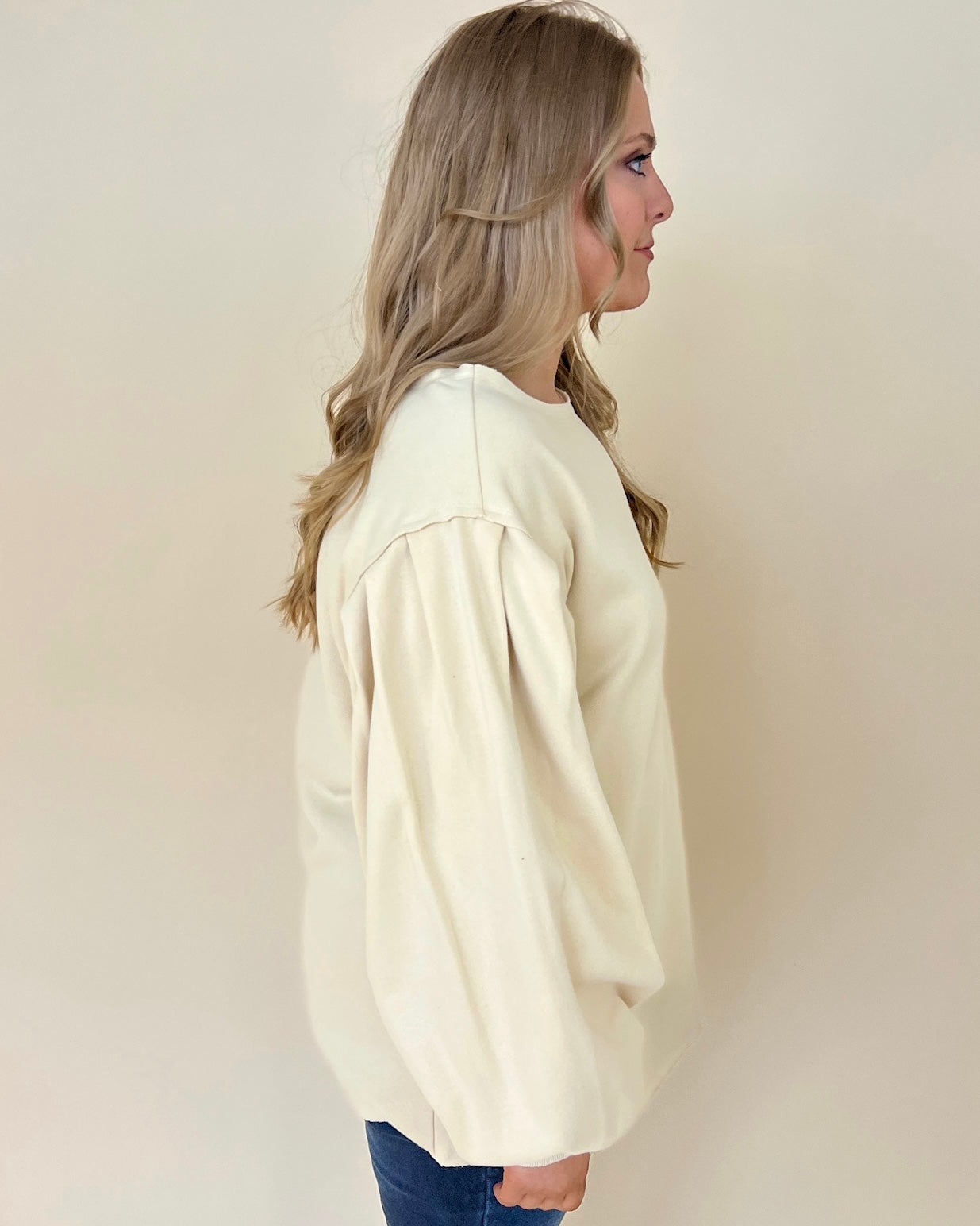 Coziest Place Sand Plus Bubble Sleeve Sweatshirt-Shop-Womens-Boutique-Clothing