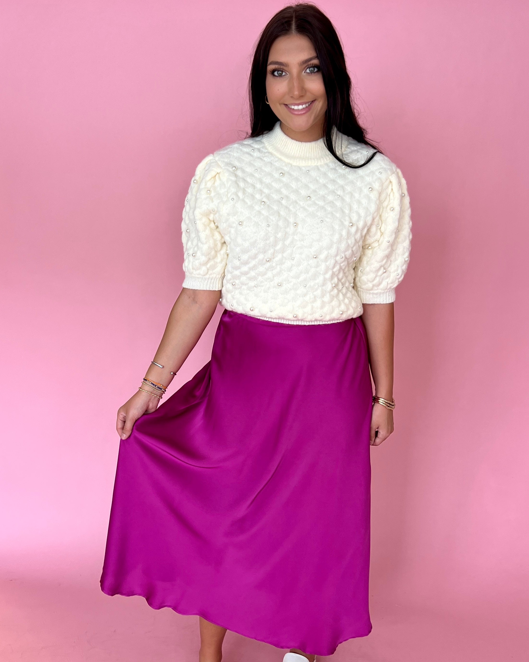 Whatever It Means Ivory Textured Puff Sleeve Pearl Sweater-Shop-Womens-Boutique-Clothing