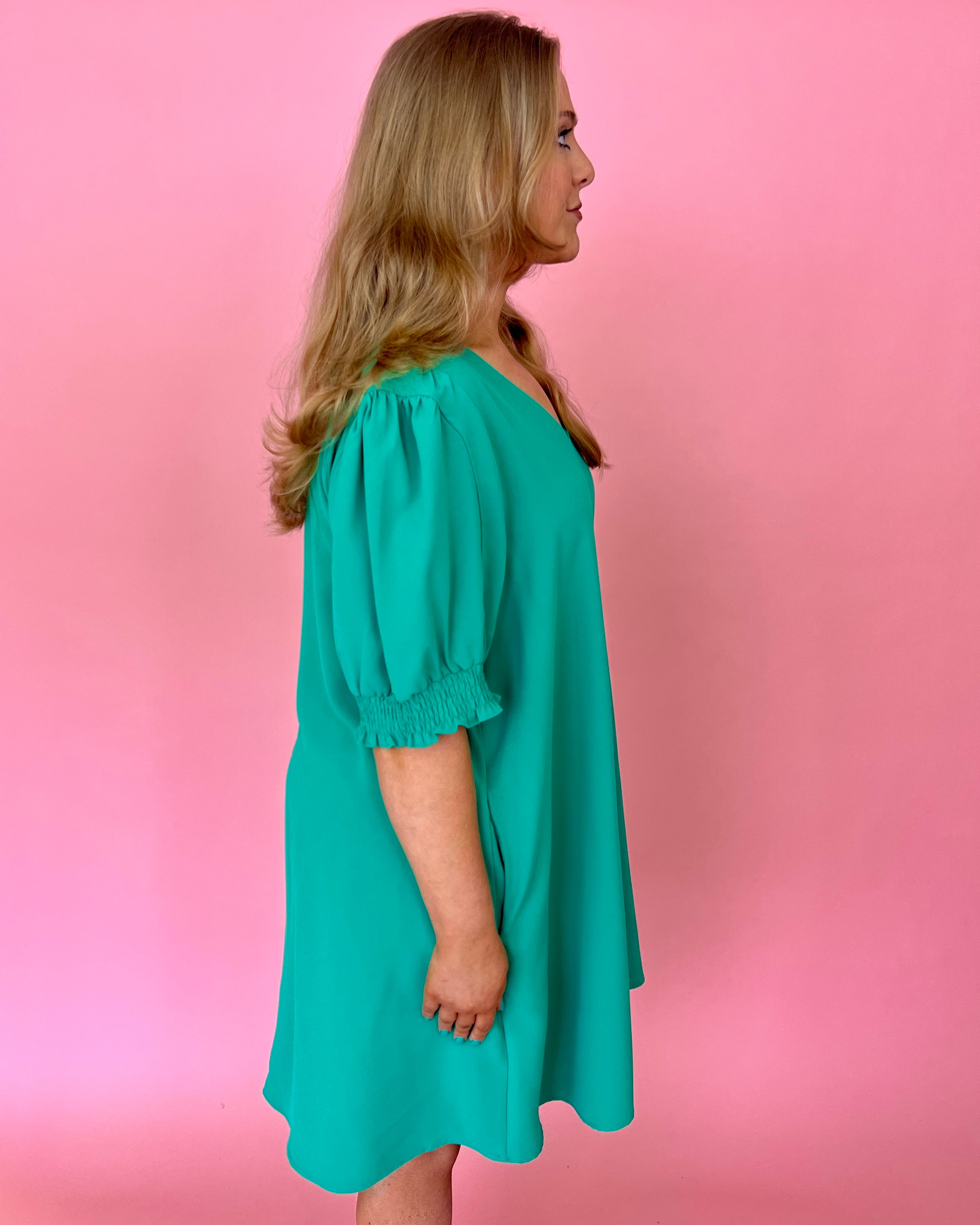 Looking Good Emerald Plus V-neck Puff Sleeve Dress-Shop-Womens-Boutique-Clothing