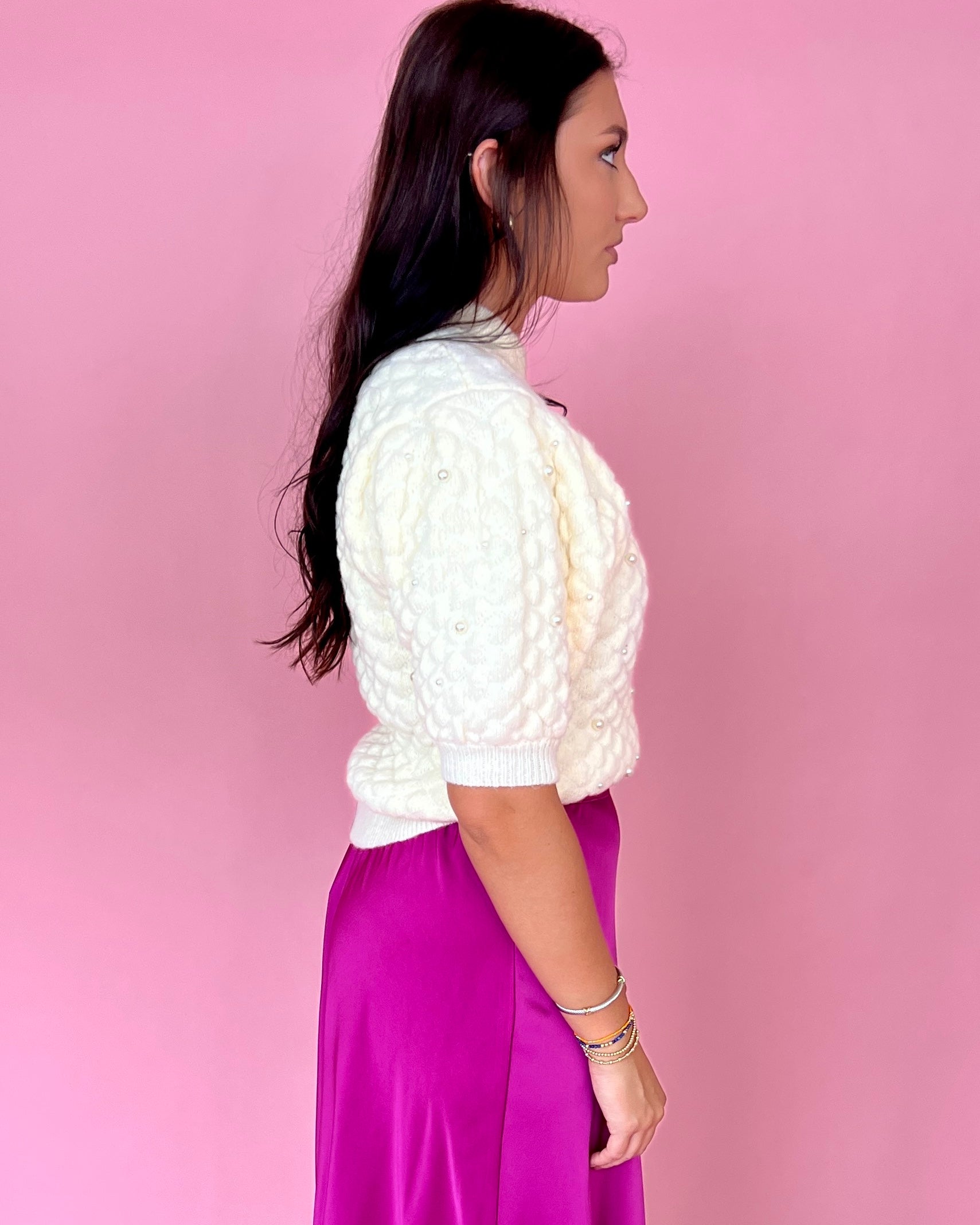 Whatever It Means Ivory Textured Puff Sleeve Pearl Sweater-Shop-Womens-Boutique-Clothing