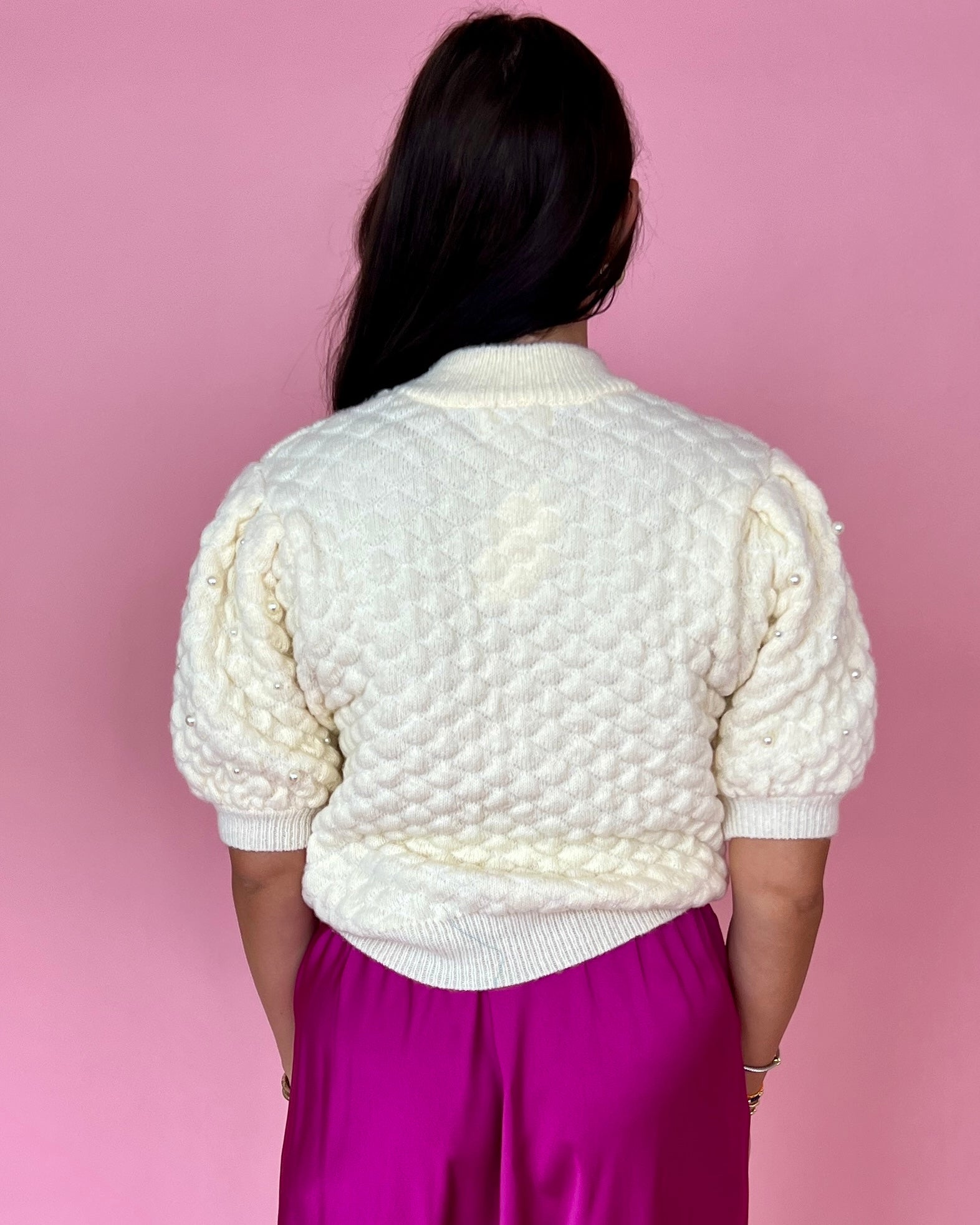 Whatever It Means Ivory Textured Puff Sleeve Pearl Sweater-Shop-Womens-Boutique-Clothing