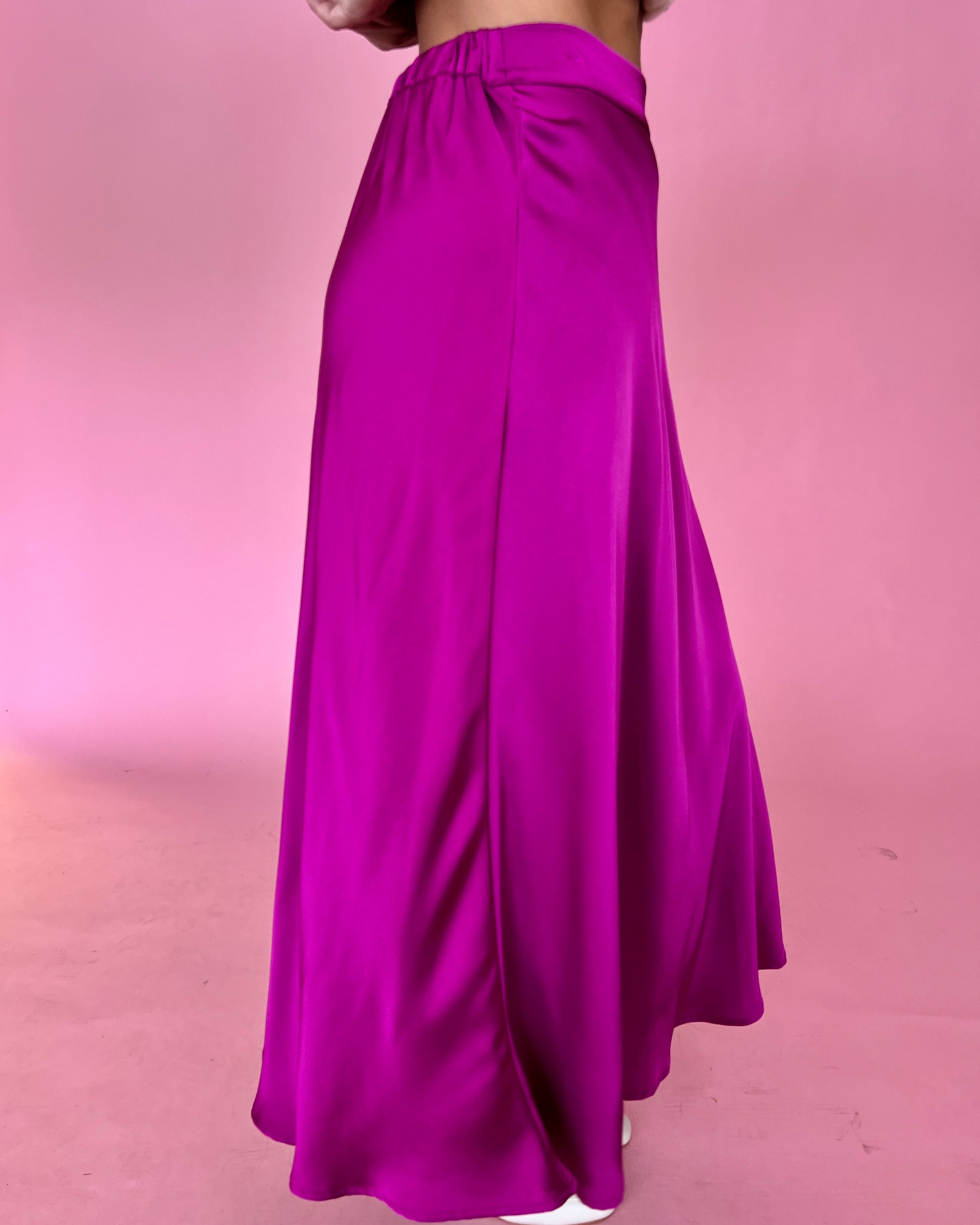 Who Knows Magenta Satin High Waist Maxi Skirt-Shop-Womens-Boutique-Clothing
