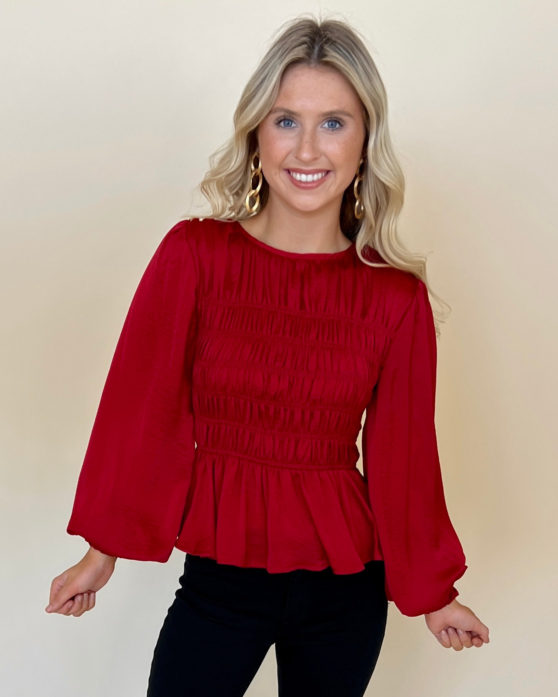 One Last Dance Wine Satin Smocked Top-Shop-Womens-Boutique-Clothing
