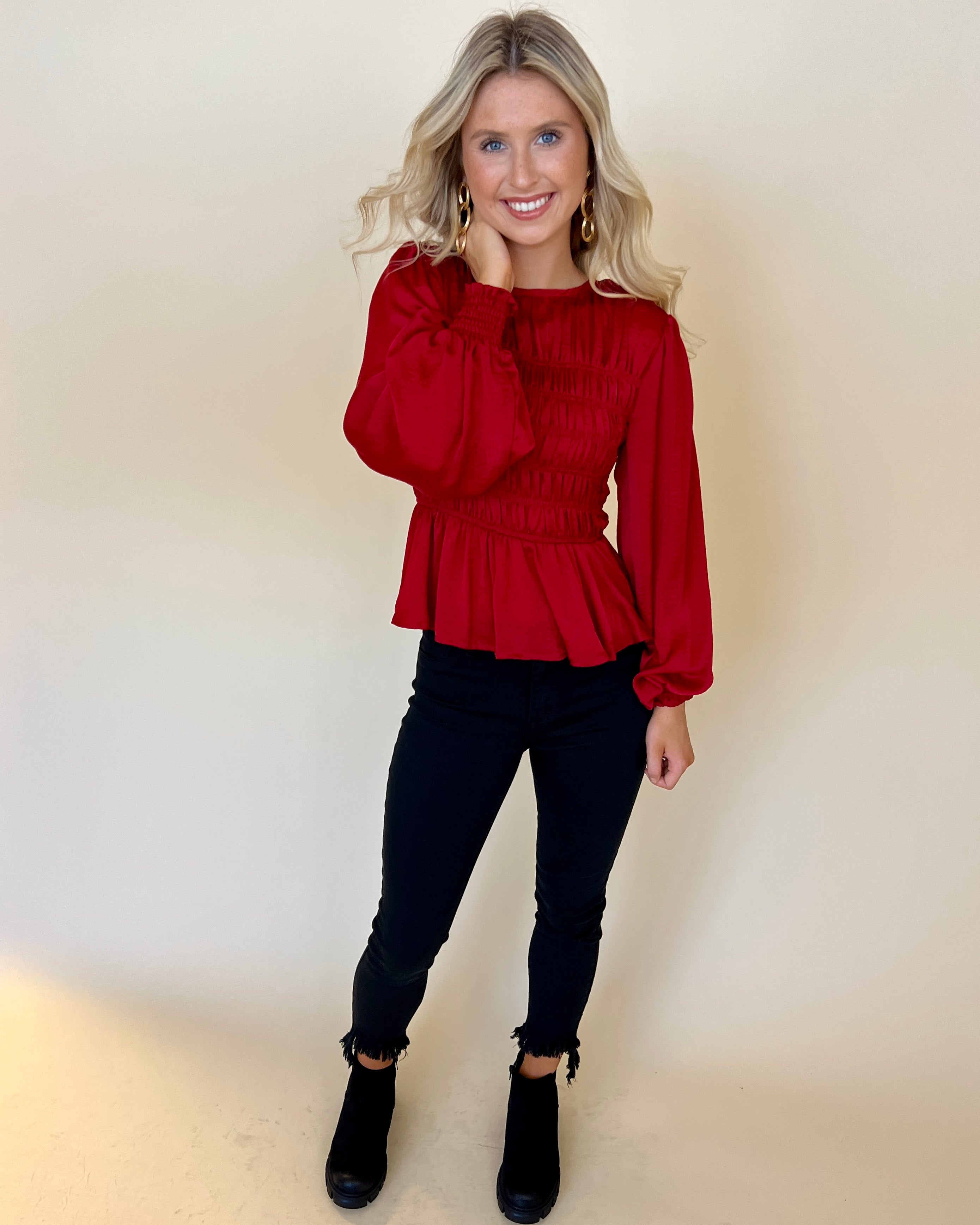 One Last Dance Wine Satin Smocked Top-Shop-Womens-Boutique-Clothing