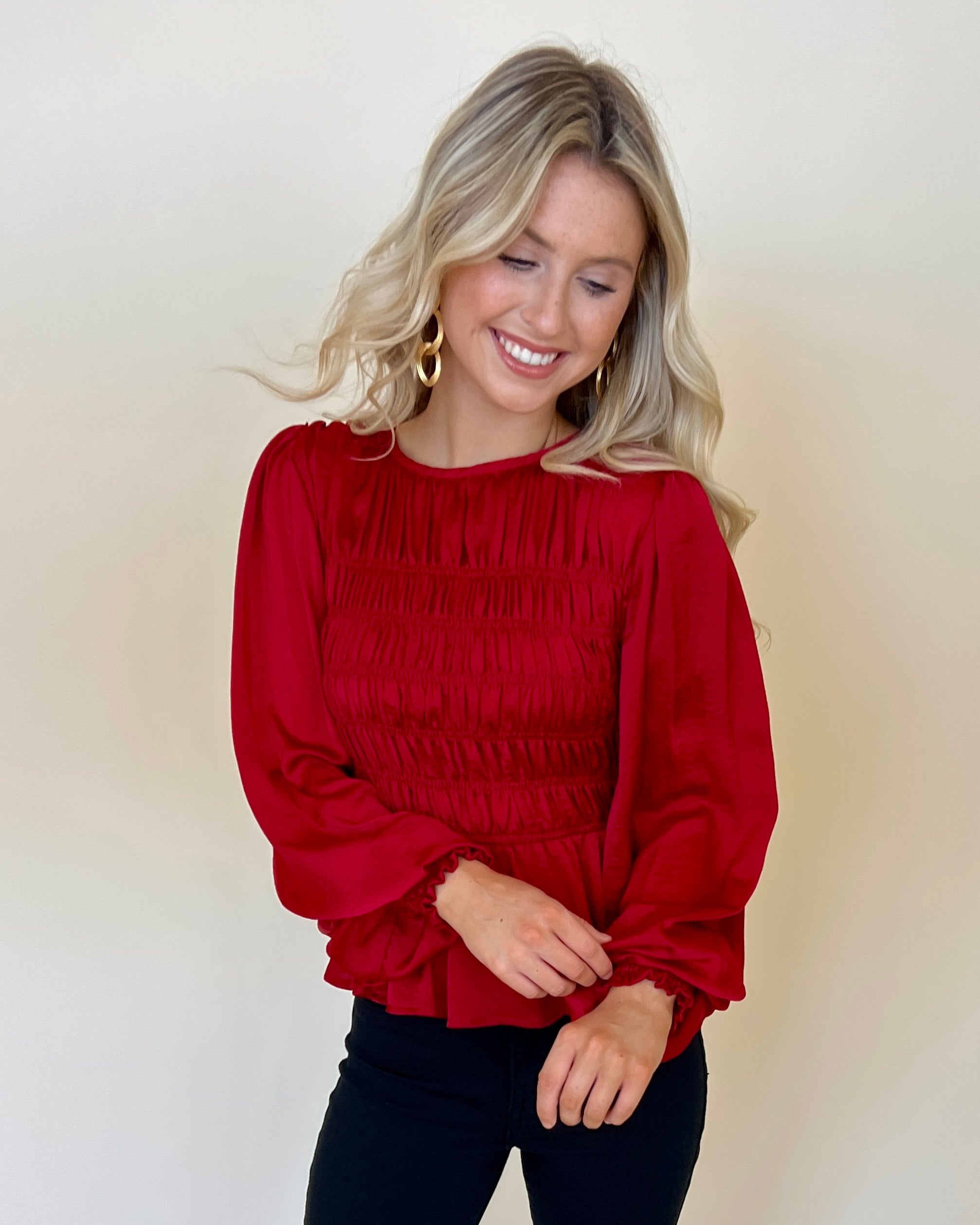 One Last Dance Wine Satin Smocked Top-Shop-Womens-Boutique-Clothing
