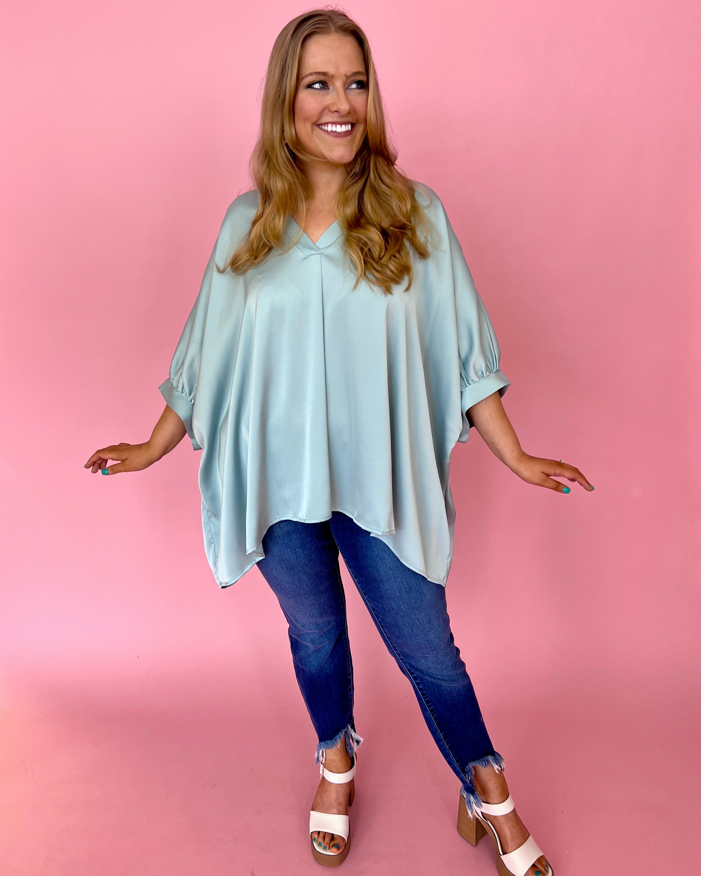 Spring Fling Mint Plus Satin Dolman Sleeve Top-Shop-Womens-Boutique-Clothing