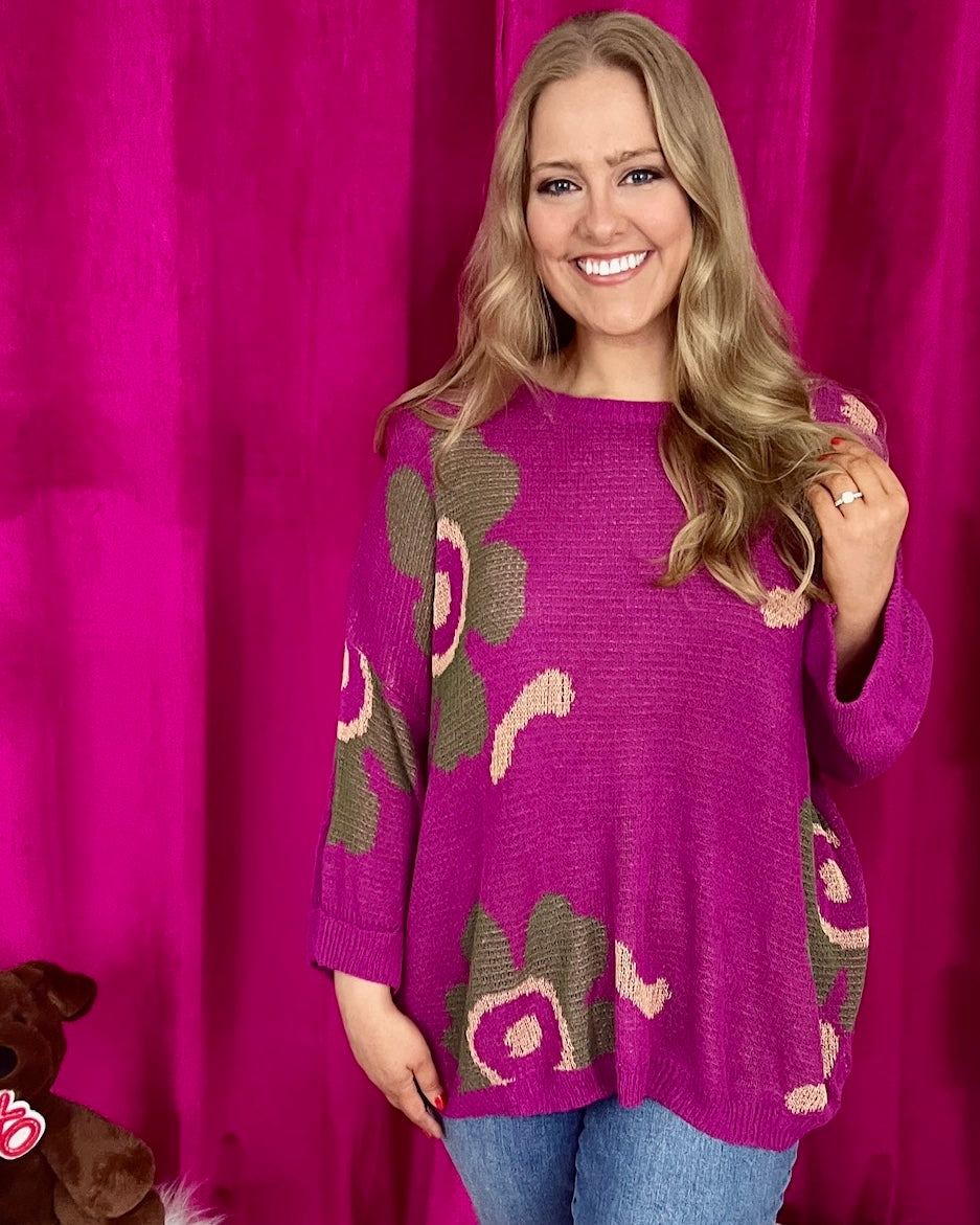 In The Moment Magenta Plus Floral Knit Sweater-Shop-Womens-Boutique-Clothing