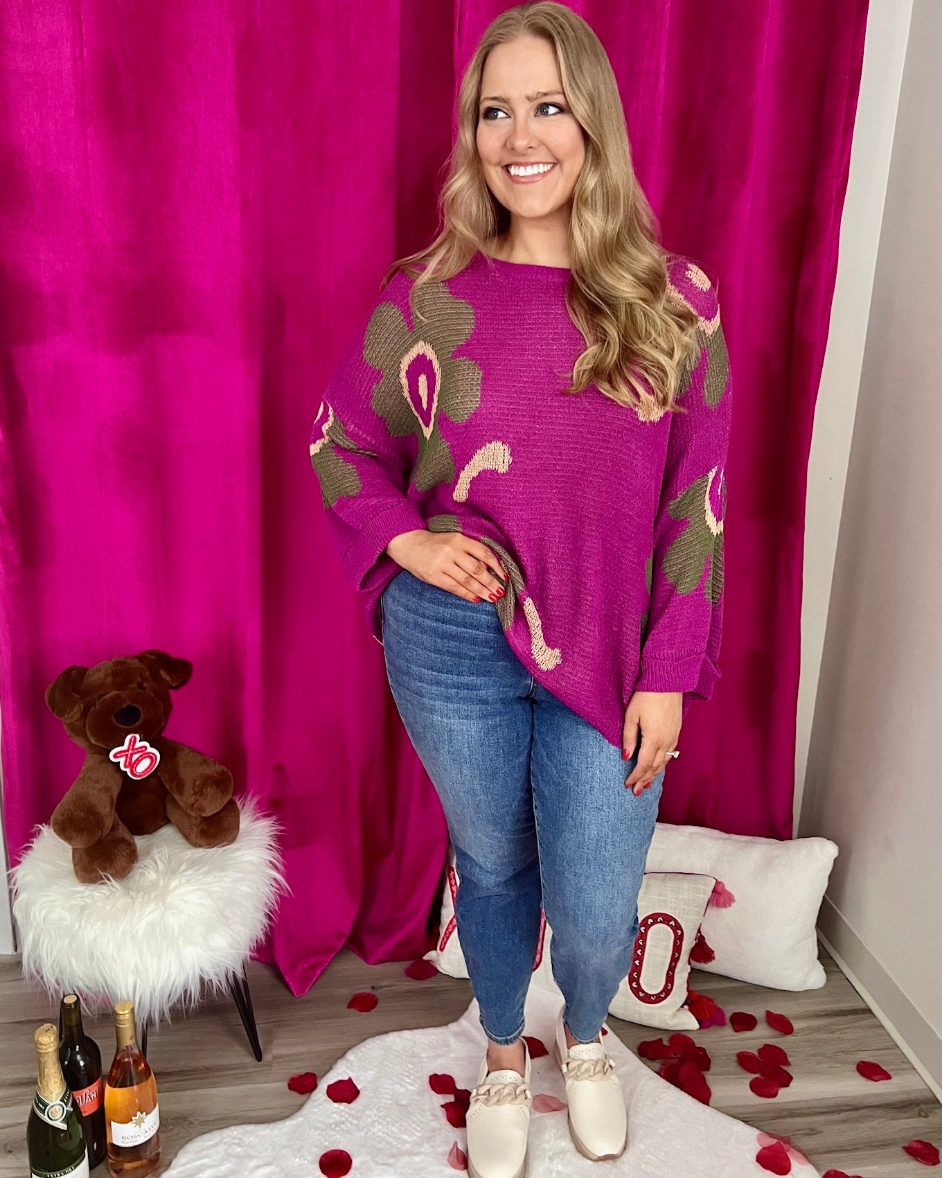 In The Moment Magenta Plus Floral Knit Sweater-Shop-Womens-Boutique-Clothing