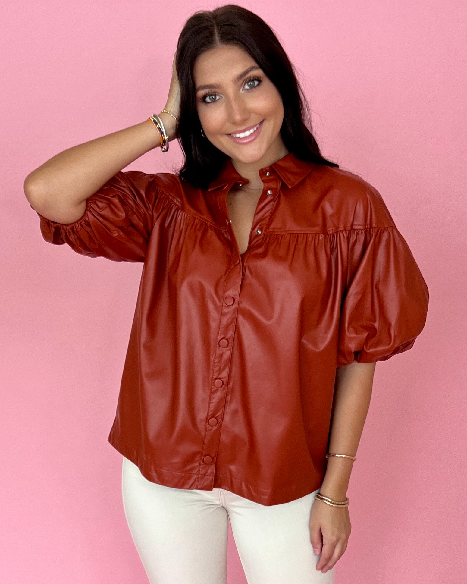 Be The First Cognac Button Down Yoke Top-Shop-Womens-Boutique-Clothing