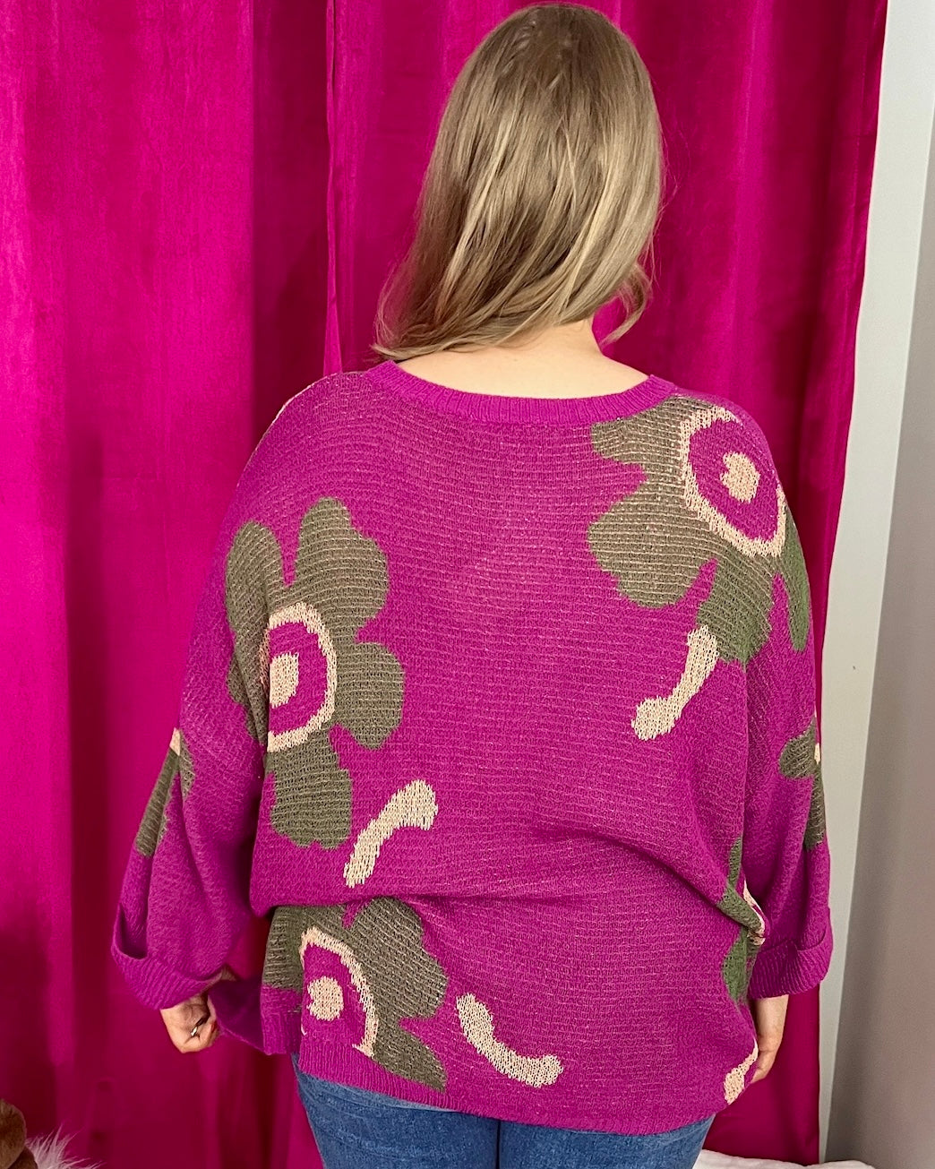 In The Moment Magenta Plus Floral Knit Sweater-Shop-Womens-Boutique-Clothing