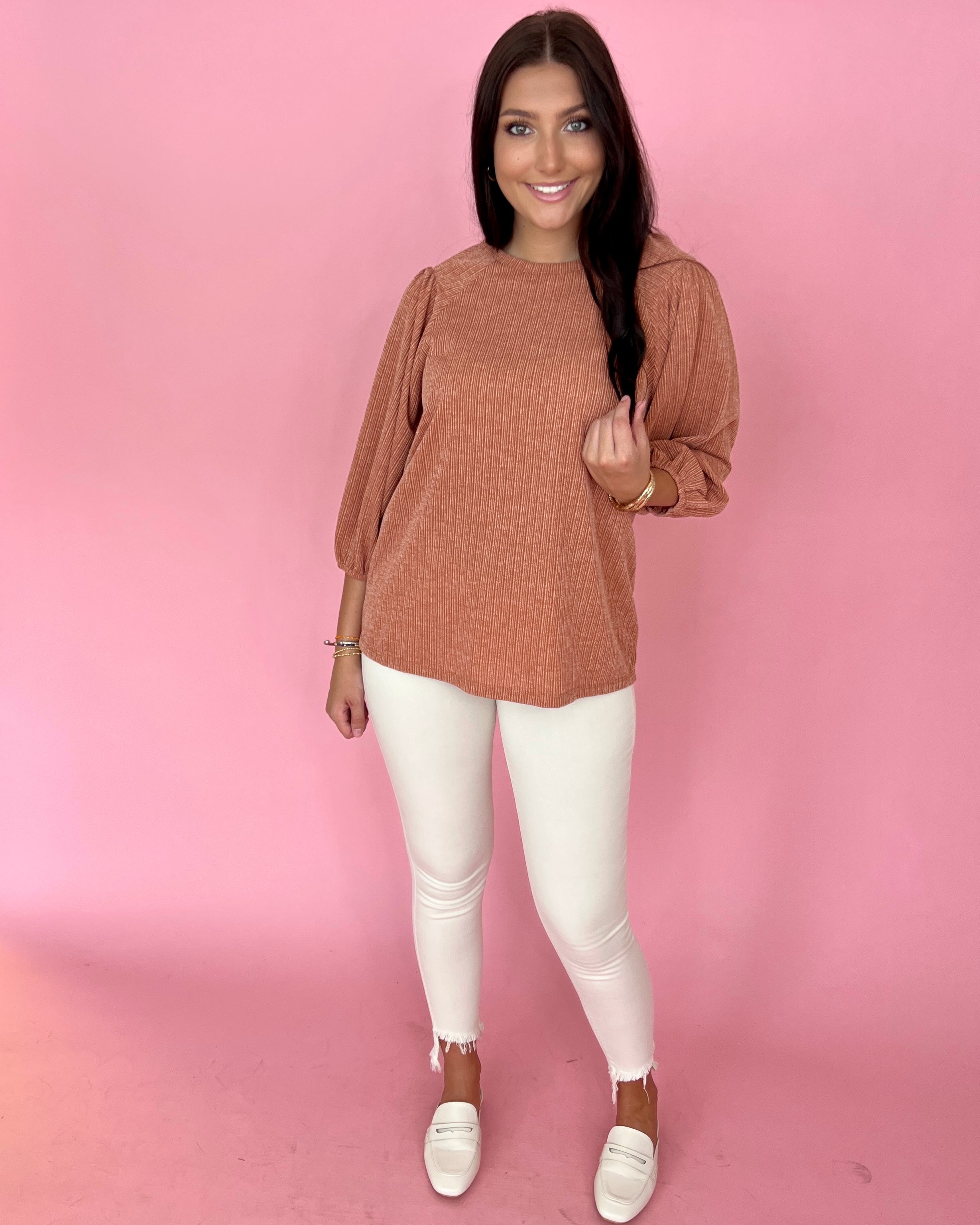 Stay Here Awhile Rust Ribbed Knit Round Neck Top-Shop-Womens-Boutique-Clothing
