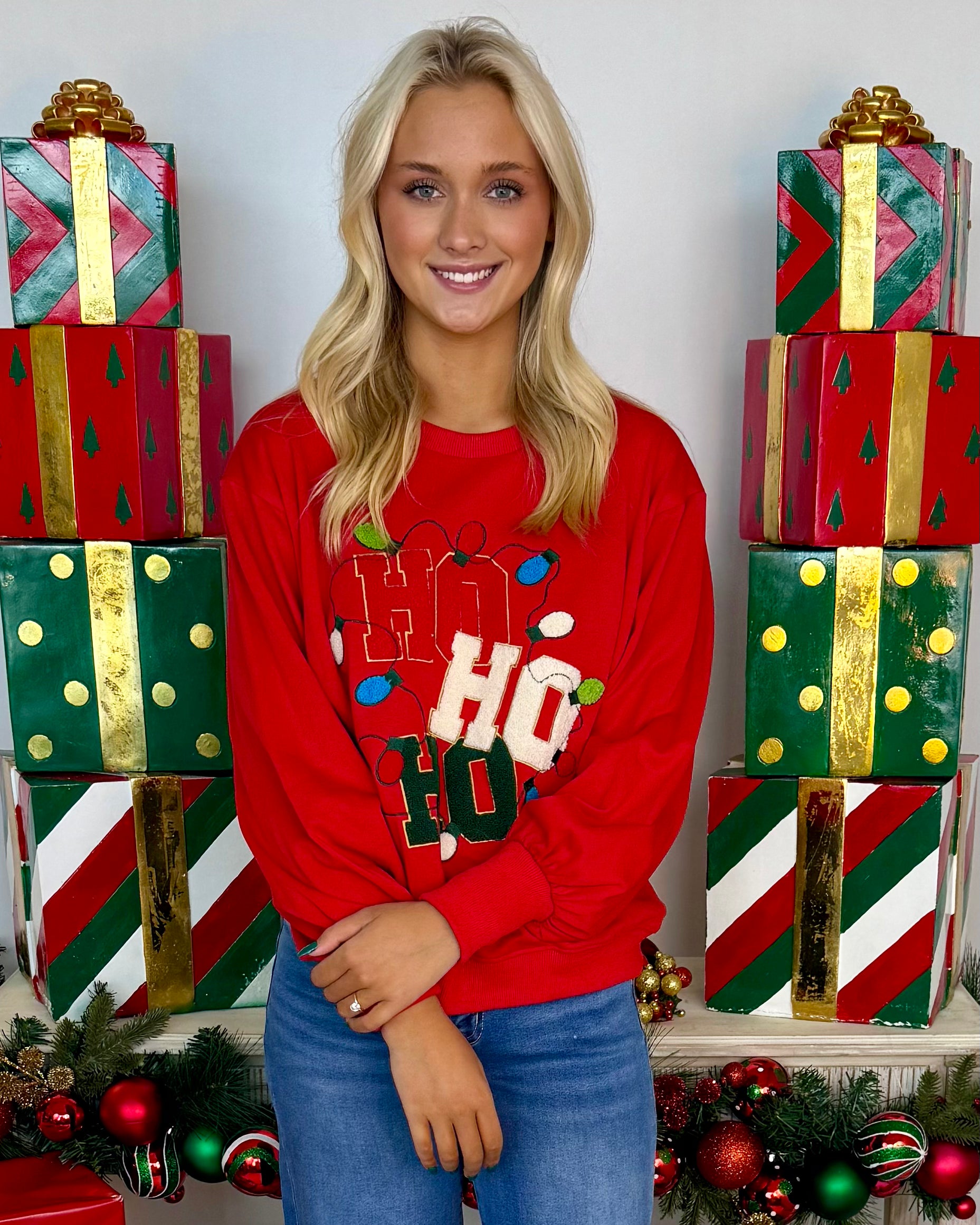 Ho Ho Ho Red Christmas Sweatshirt-Shop-Womens-Boutique-Clothing