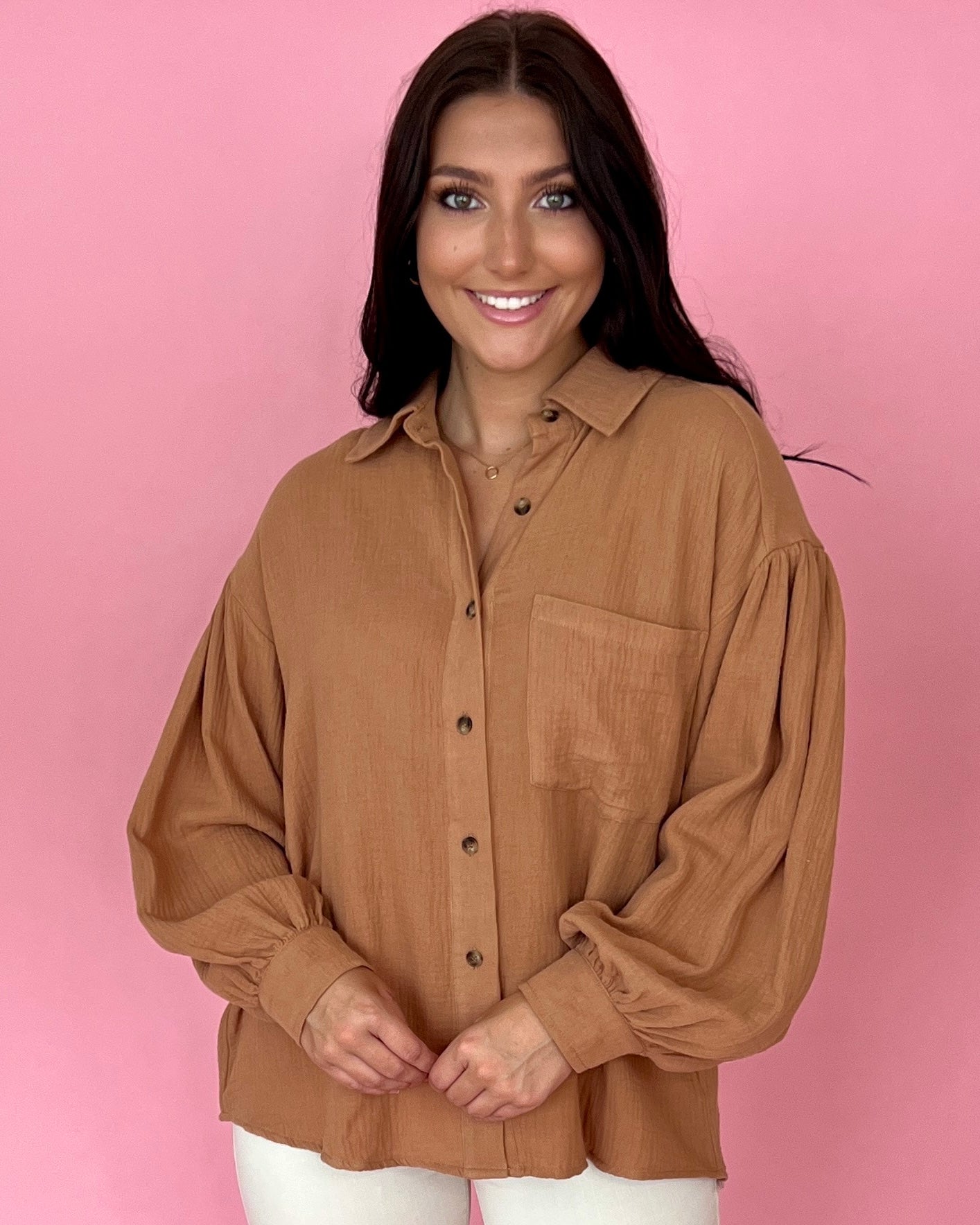 Down Memory Lane Camel Crinkle Gauze Button Down Top-Shop-Womens-Boutique-Clothing