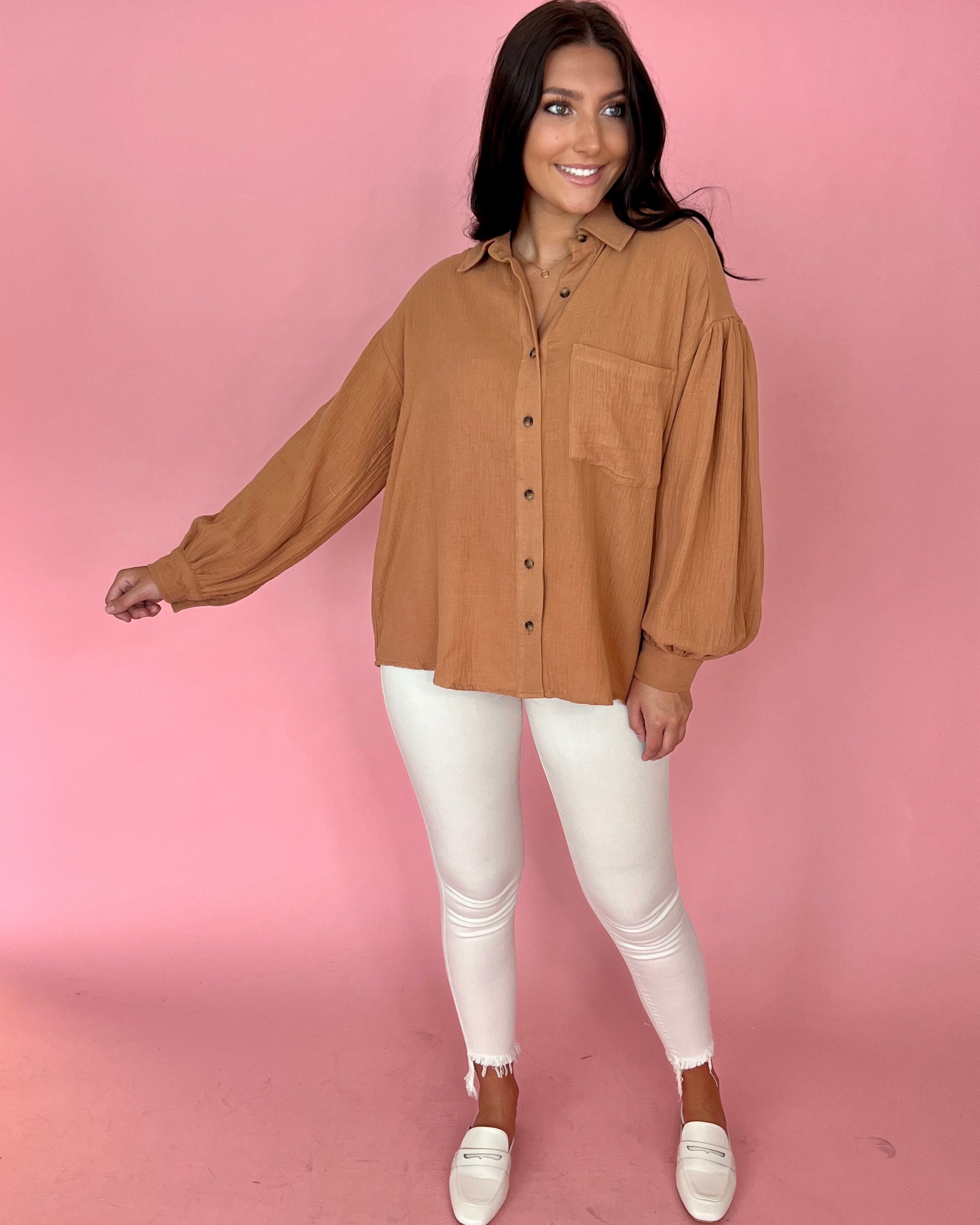 Down Memory Lane Camel Crinkle Gauze Button Down Top-Shop-Womens-Boutique-Clothing