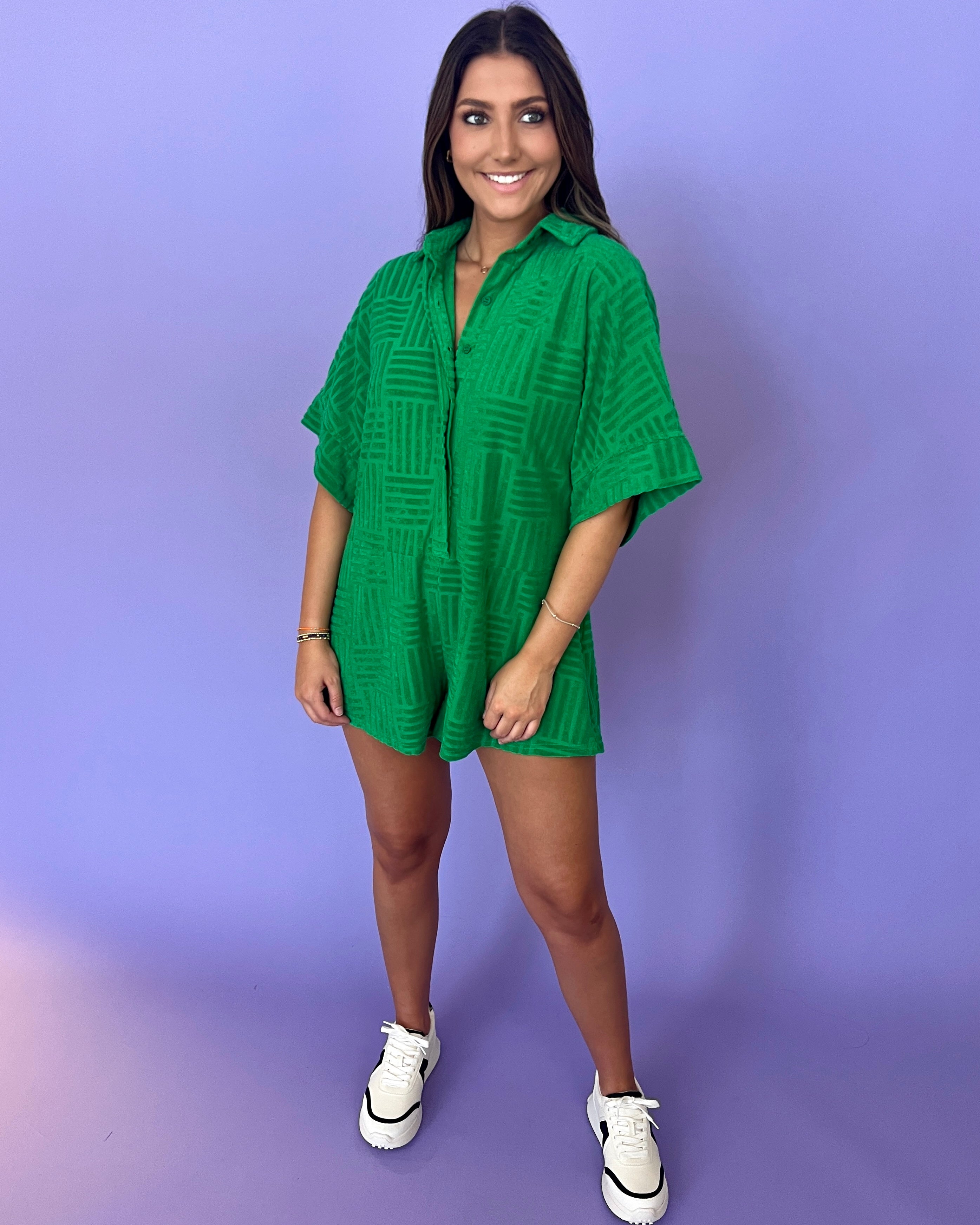 Another Note Green Textured Romper-Shop-Womens-Boutique-Clothing