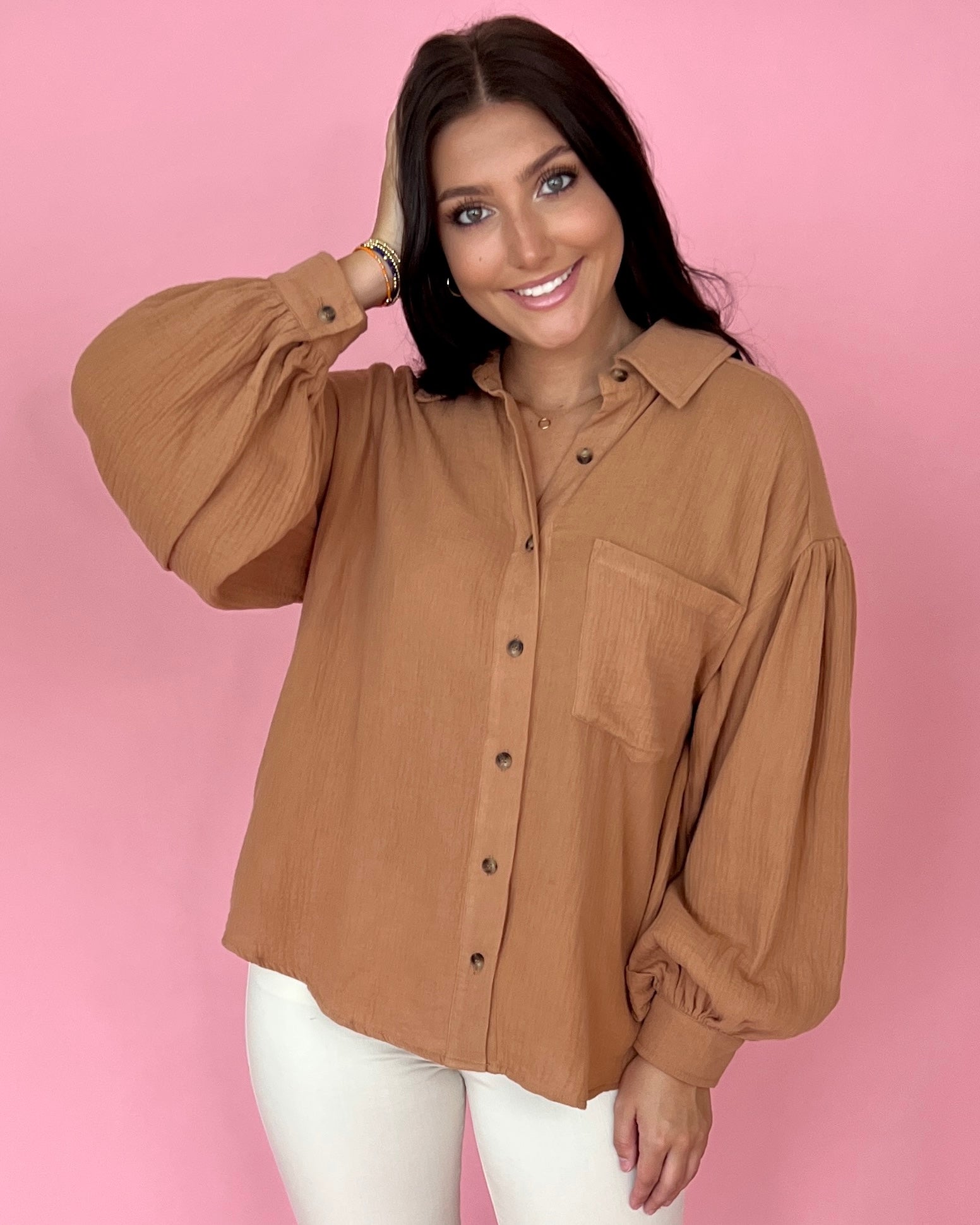 Down Memory Lane Camel Crinkle Gauze Button Down Top-Shop-Womens-Boutique-Clothing