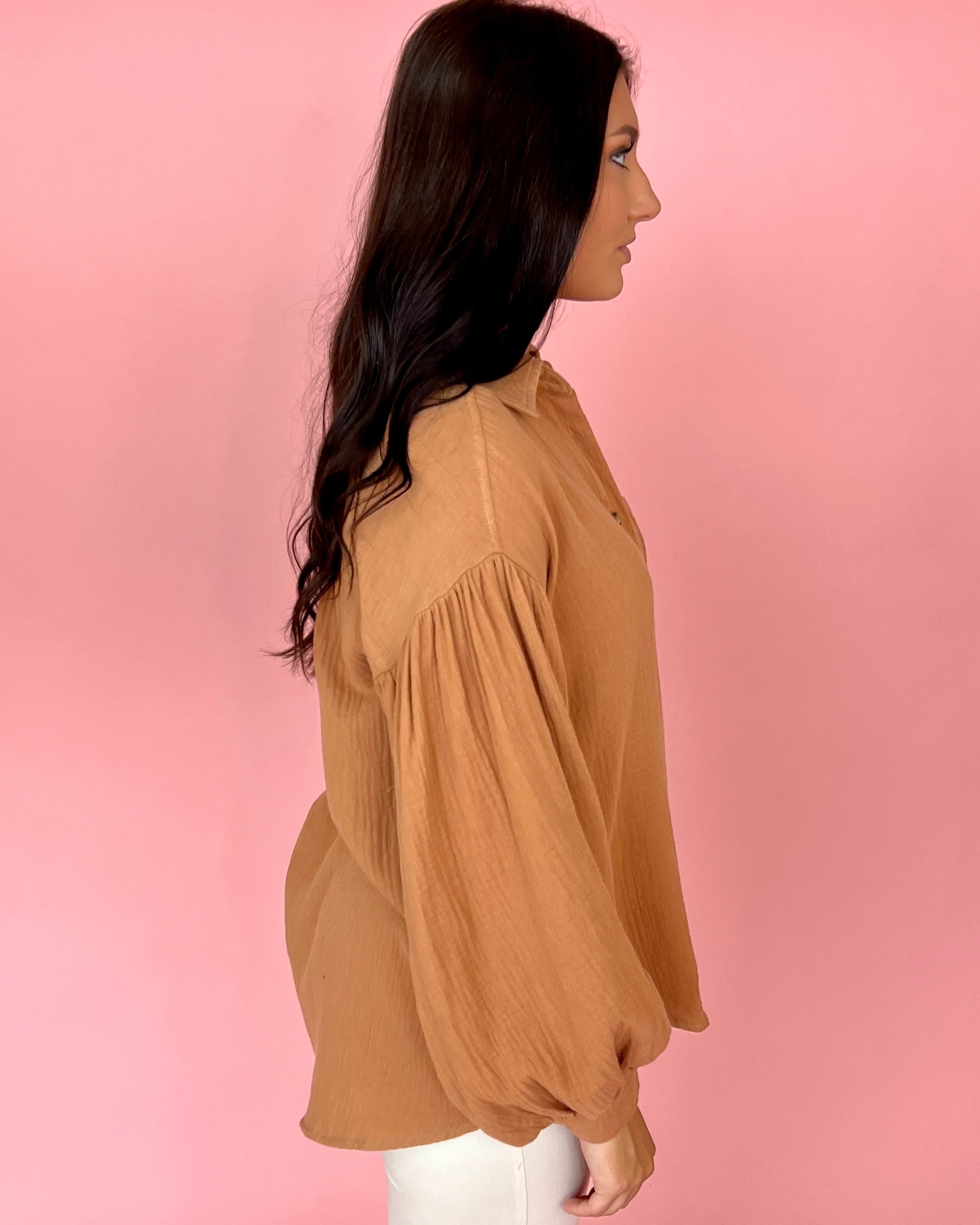 Down Memory Lane Camel Crinkle Gauze Button Down Top-Shop-Womens-Boutique-Clothing