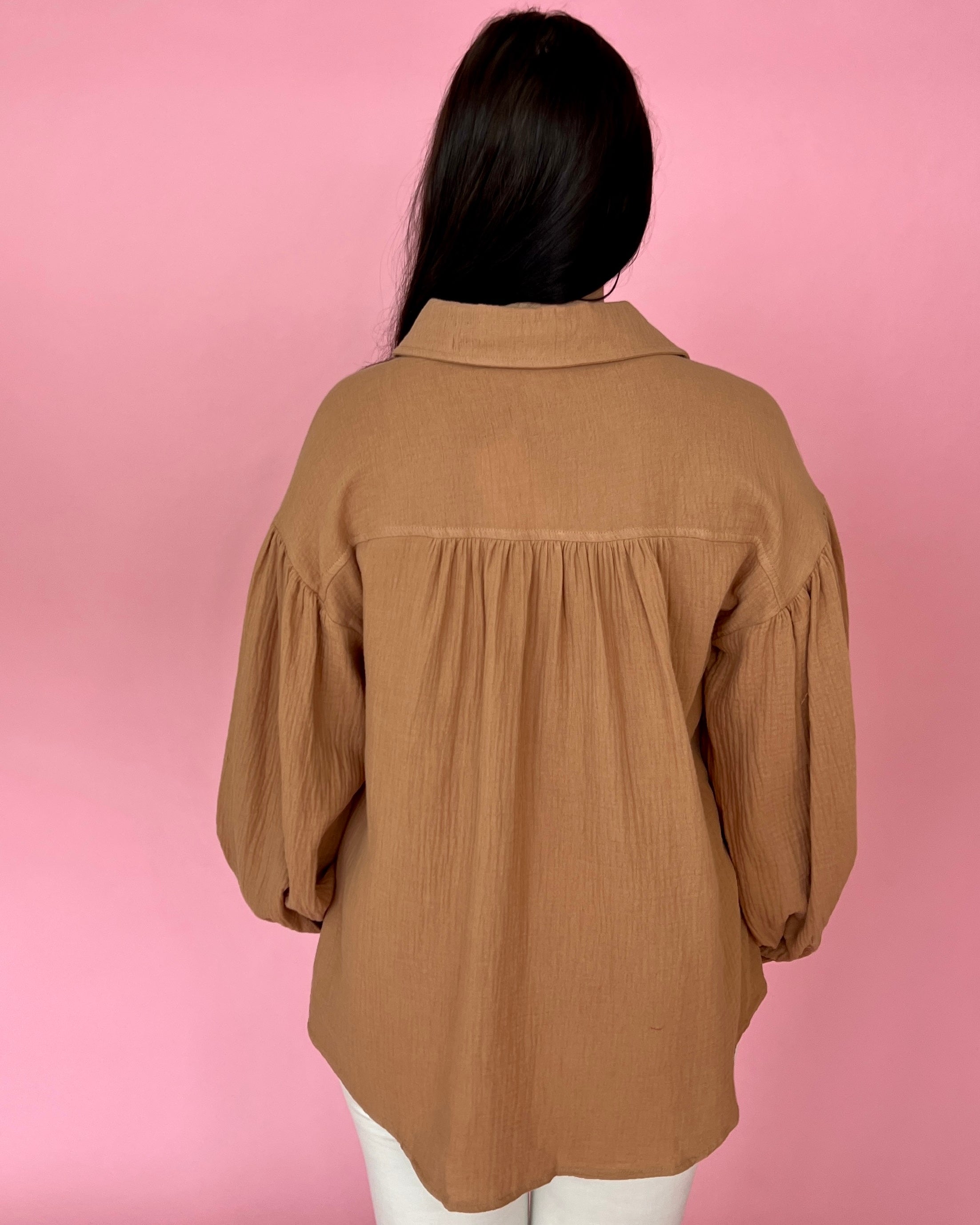 Down Memory Lane Camel Crinkle Gauze Button Down Top-Shop-Womens-Boutique-Clothing