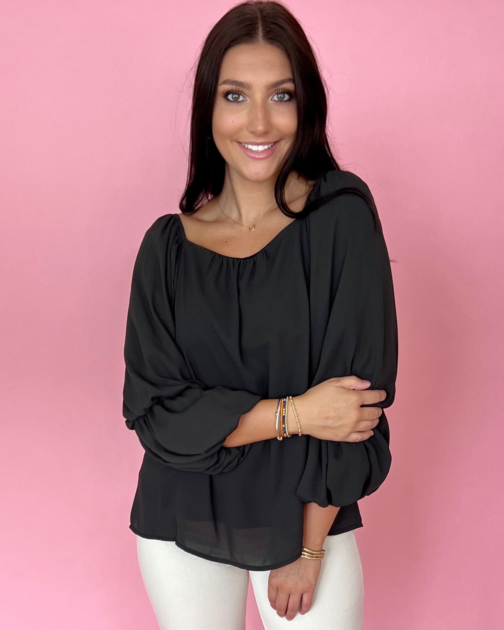 Feels Like Love Black Double Bubble Sleeves Top-Shop-Womens-Boutique-Clothing