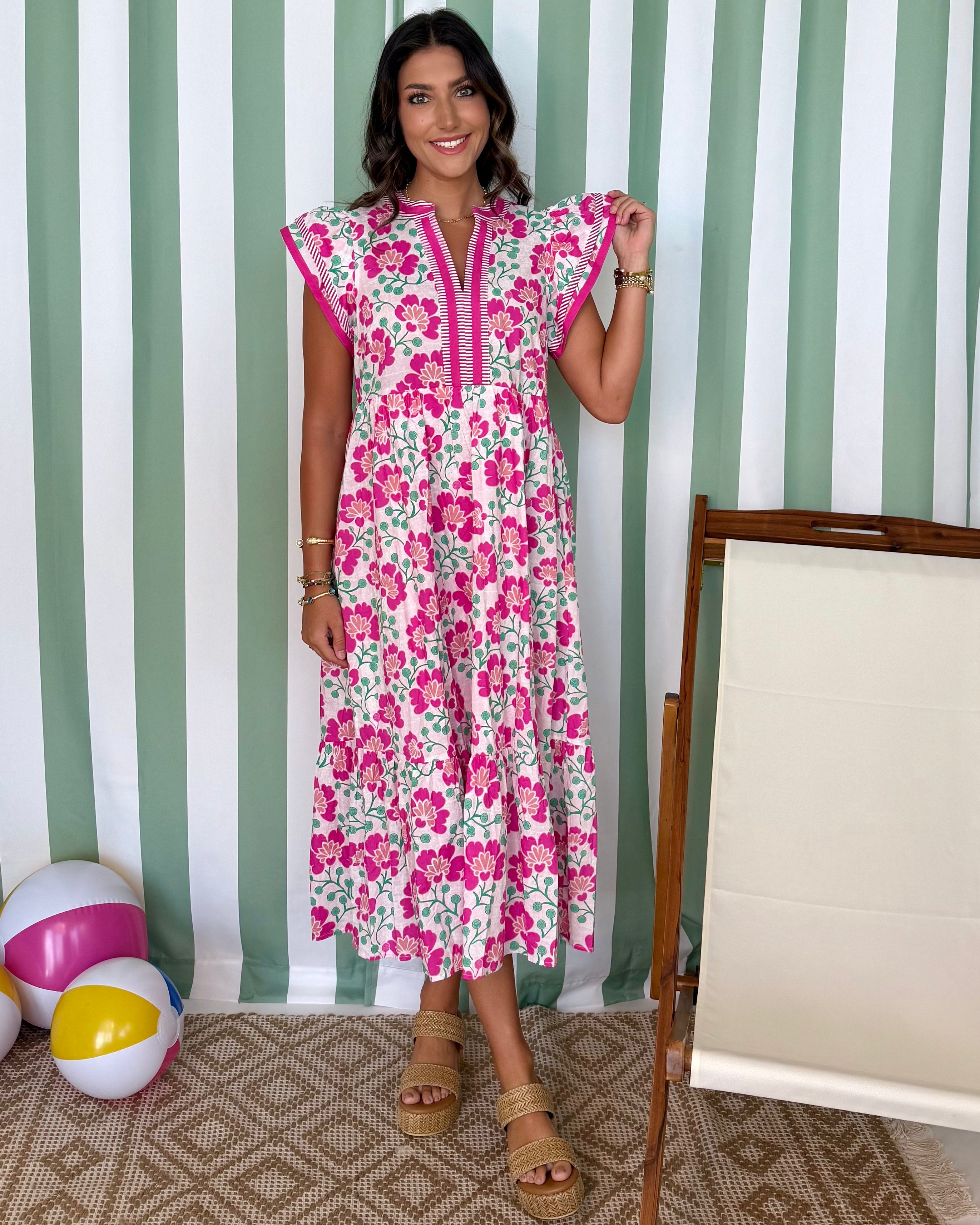 Pretty Moment Pink Floral Flutter Midi Dress-Shop-Womens-Boutique-Clothing