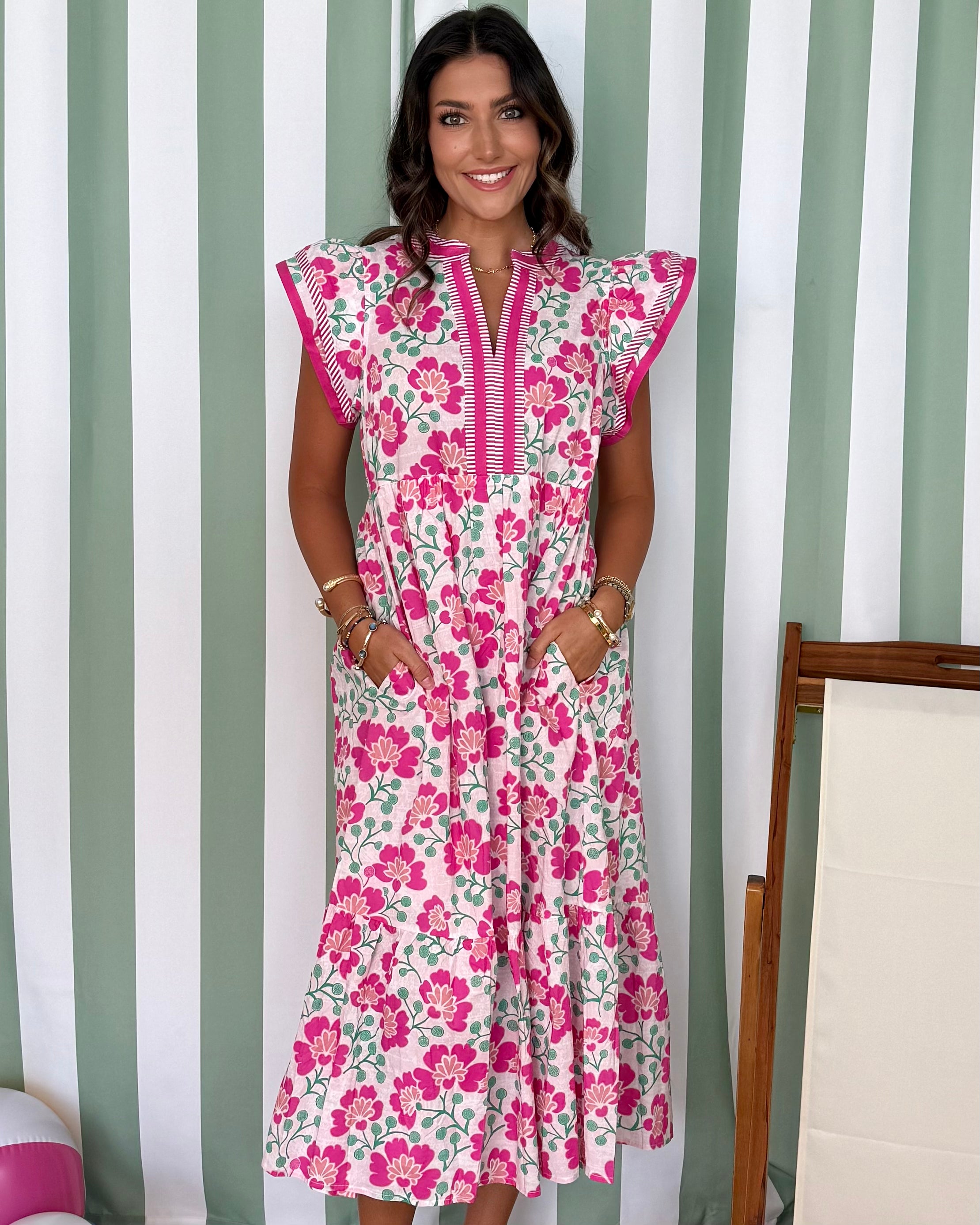 Pretty Moment Pink Floral Flutter Midi Dress-Shop-Womens-Boutique-Clothing
